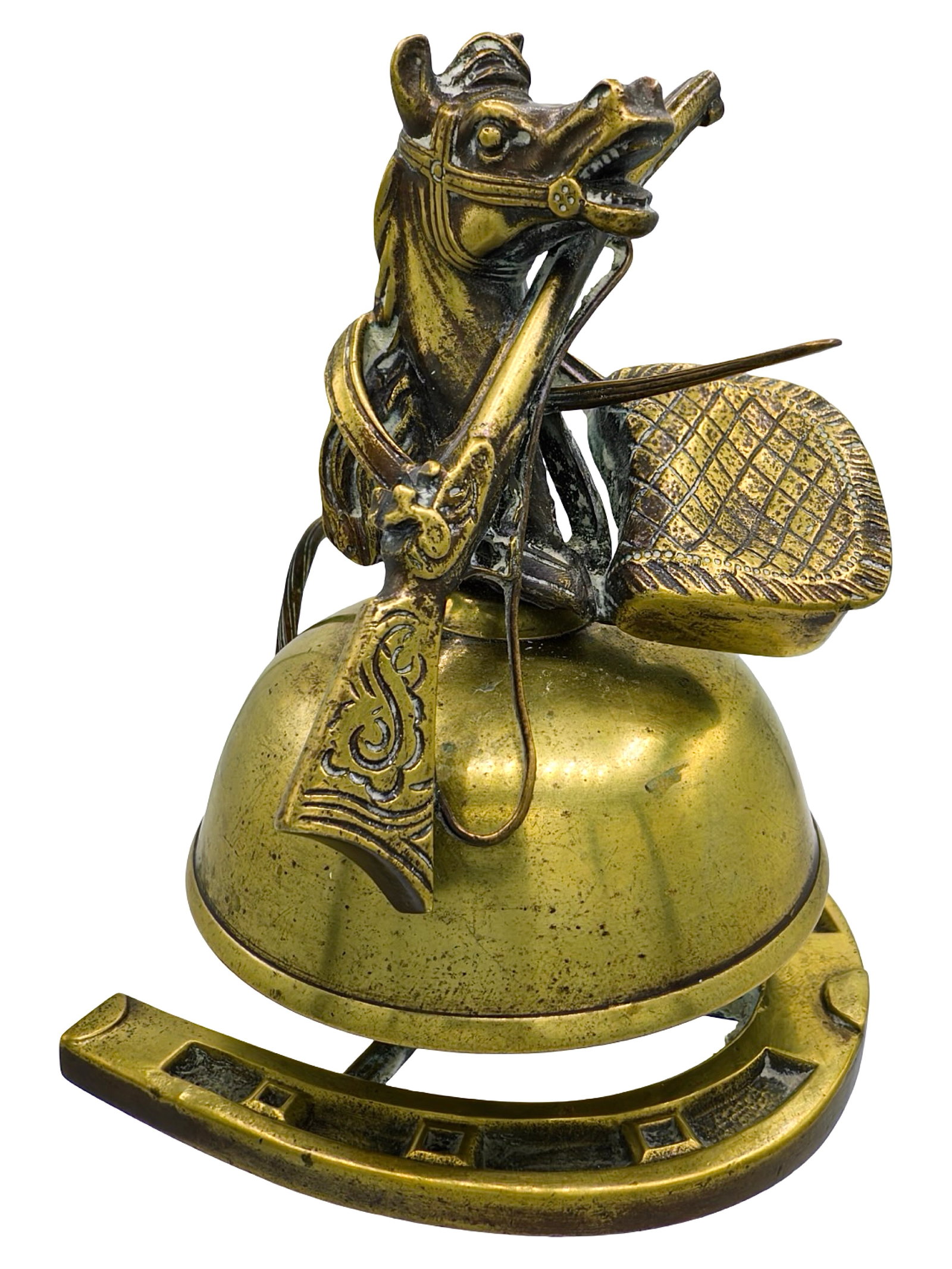 Horse Motif Tap Bell with Saddle Bag and Rifle: Made of Brass. European - Circa 1890's. 4 1/2" Tall x 3 1/4" Wide. The Wayne Babbitt Collection.