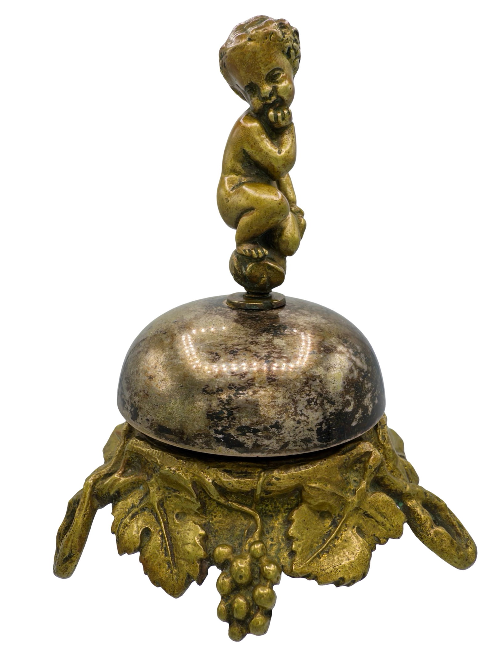 Cherub Atop Bell - Mechanical Spring-Action: Turn figure clockwise to ring the bell. French - Circa 1890's. 5" Tall x 4" Wide. The Wayne Babbitt Collection.