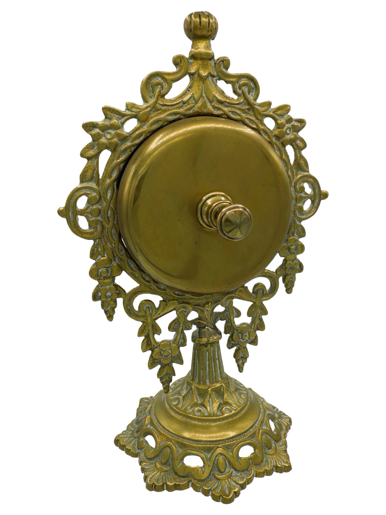 Ornate Counter Bell: Made of Brass. Twist Knob to Ring. German - Circa 1900's. 7 3/4" Tall x 4 3/4" Wide. The Wayne Babbitt Collection.