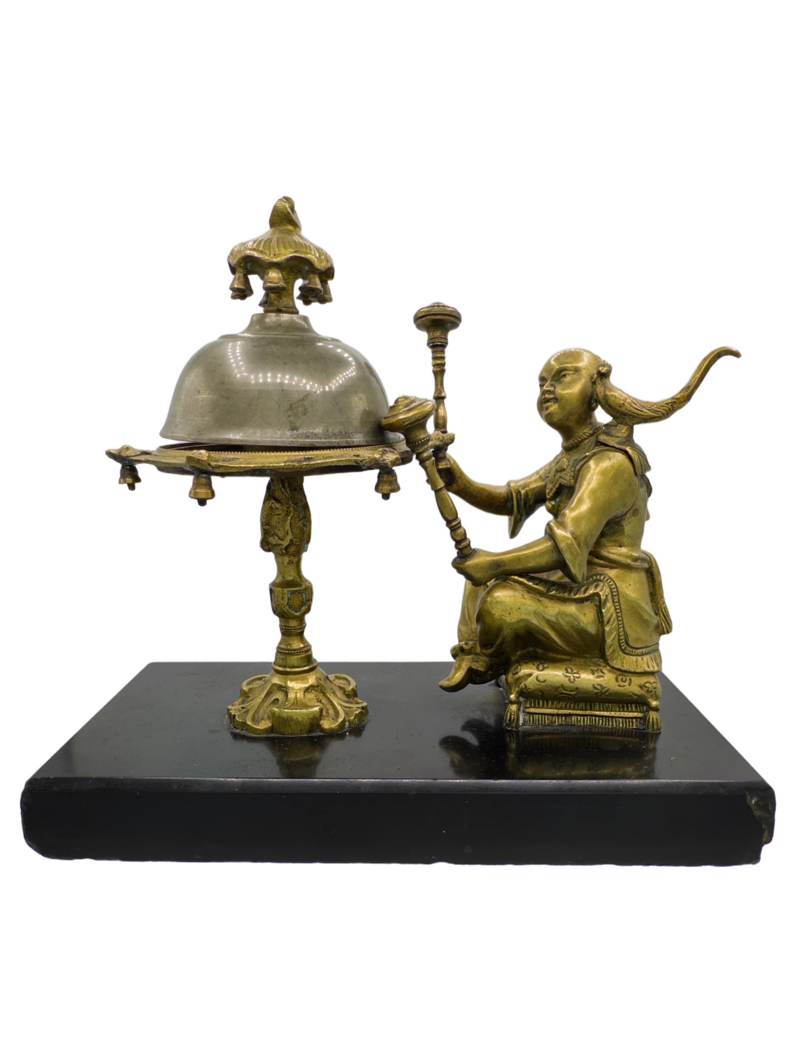 Asian Man with Bird - Counter Bell: Hand Operated. Bronze with Marble Base. French - Circa 1890's. 5 3/4" Tall x 6 3/4" Wide. The Wayne Babbitt Collection.