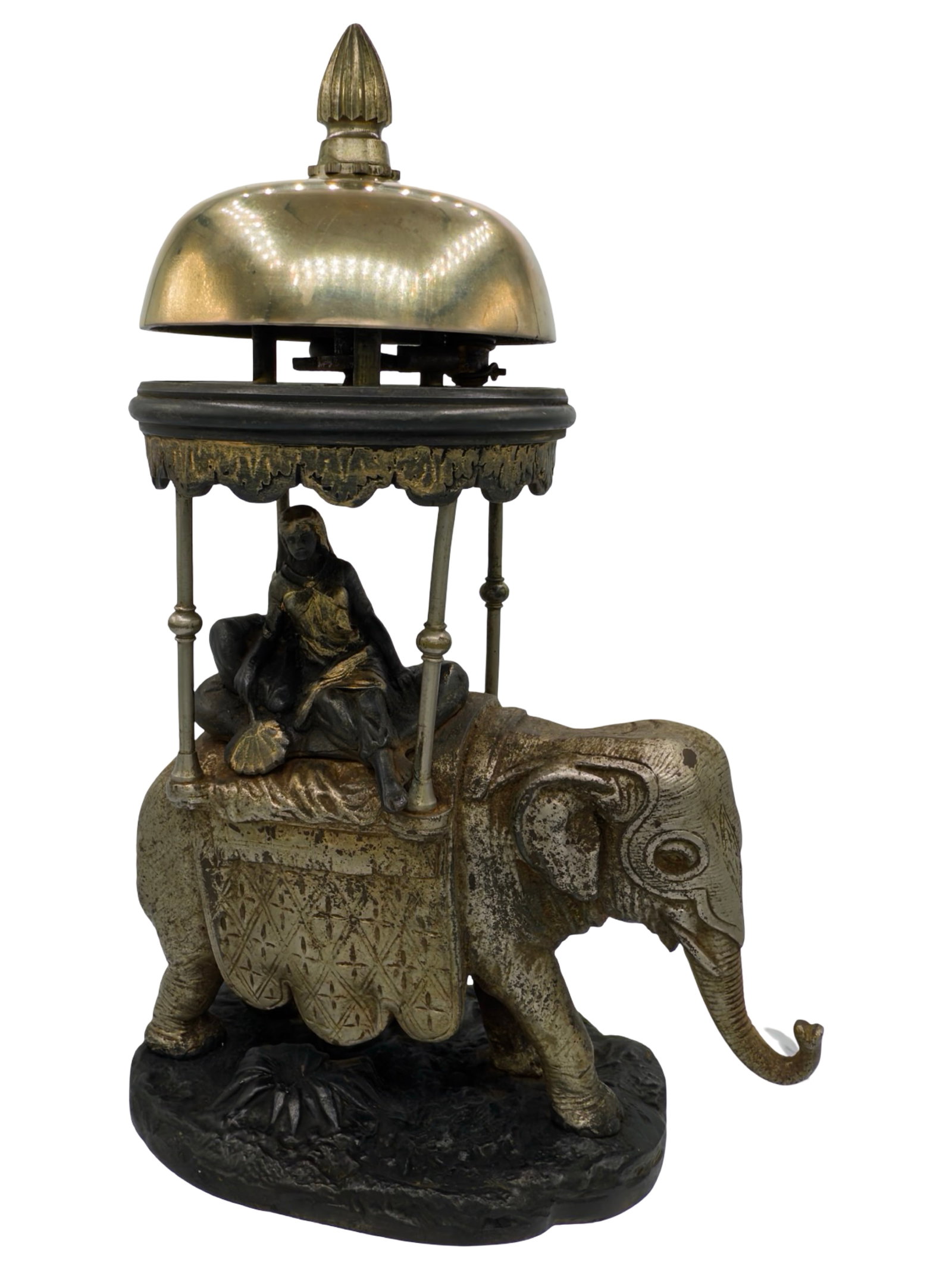 Maharani Indian Empress Riding an Elephant - Bell - Rare: Spring Activated Mechanism. Made of Cast Iron. French - Circa 1880's. 8 1/8" Tall x 5 3/4" Wide. The Wayne Babbitt Collection.