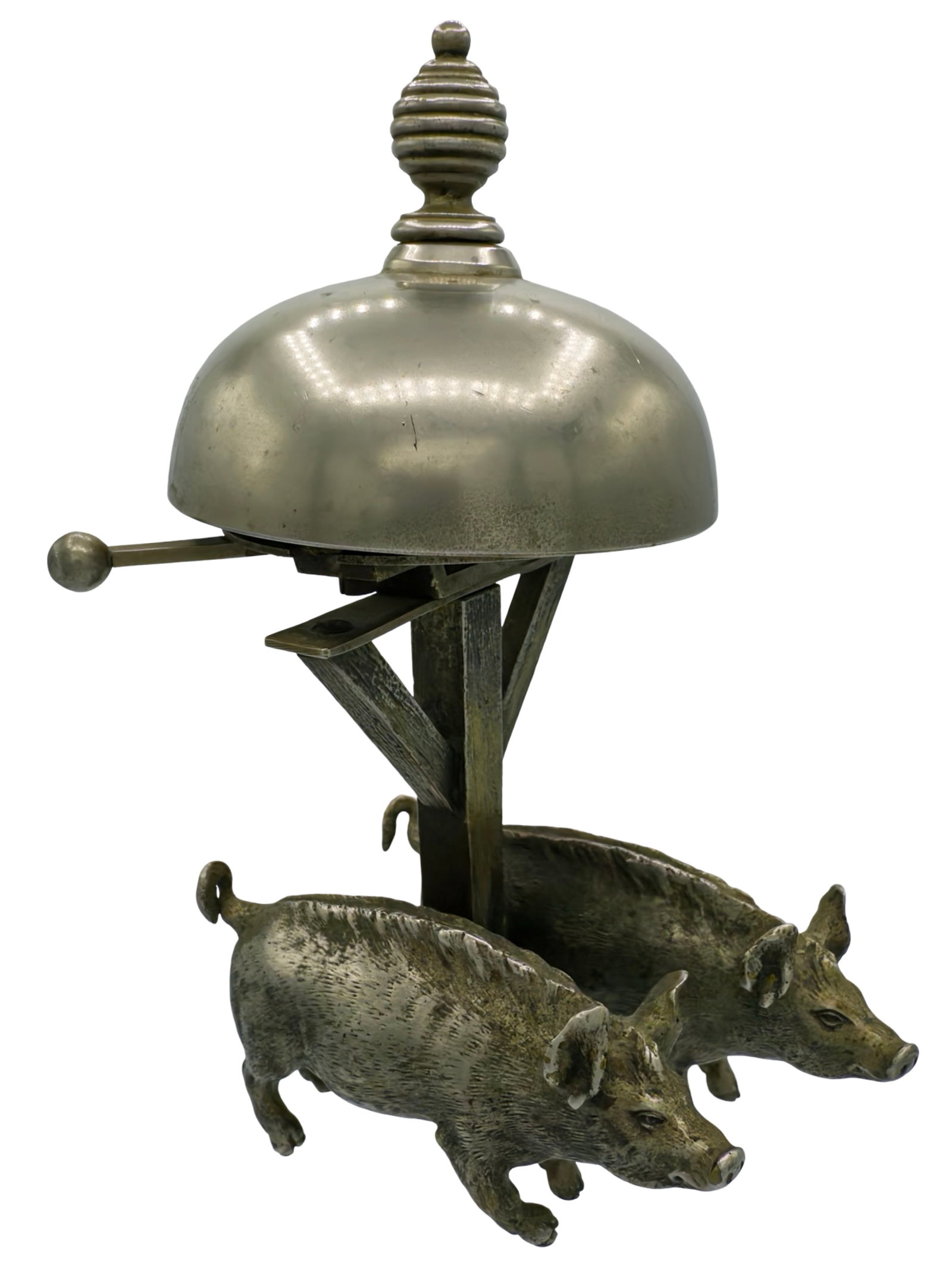 Two Pigs by a Fence - Mechanical Bell: Made of Lead. European - Circa 1900's. 6" Tall x 4 1/2" Wide. The Wayne Babbitt Collection.
