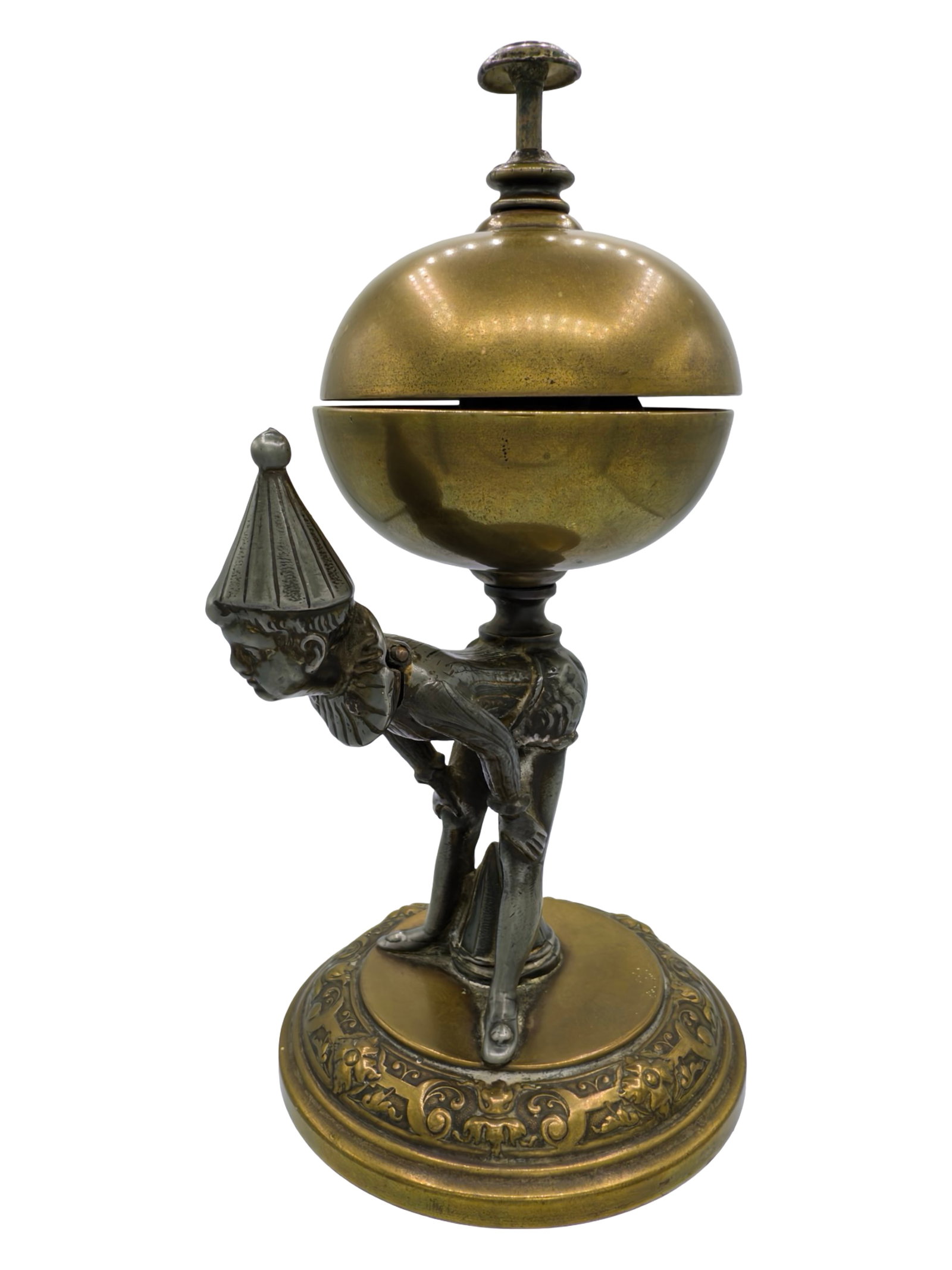 Perriot Bending Over - Tap Bell: Made of Lead & Brass. French - Circa 1890's. 7 3/8" Tall x 4" Wide. The Wayne Babbitt Collection.
