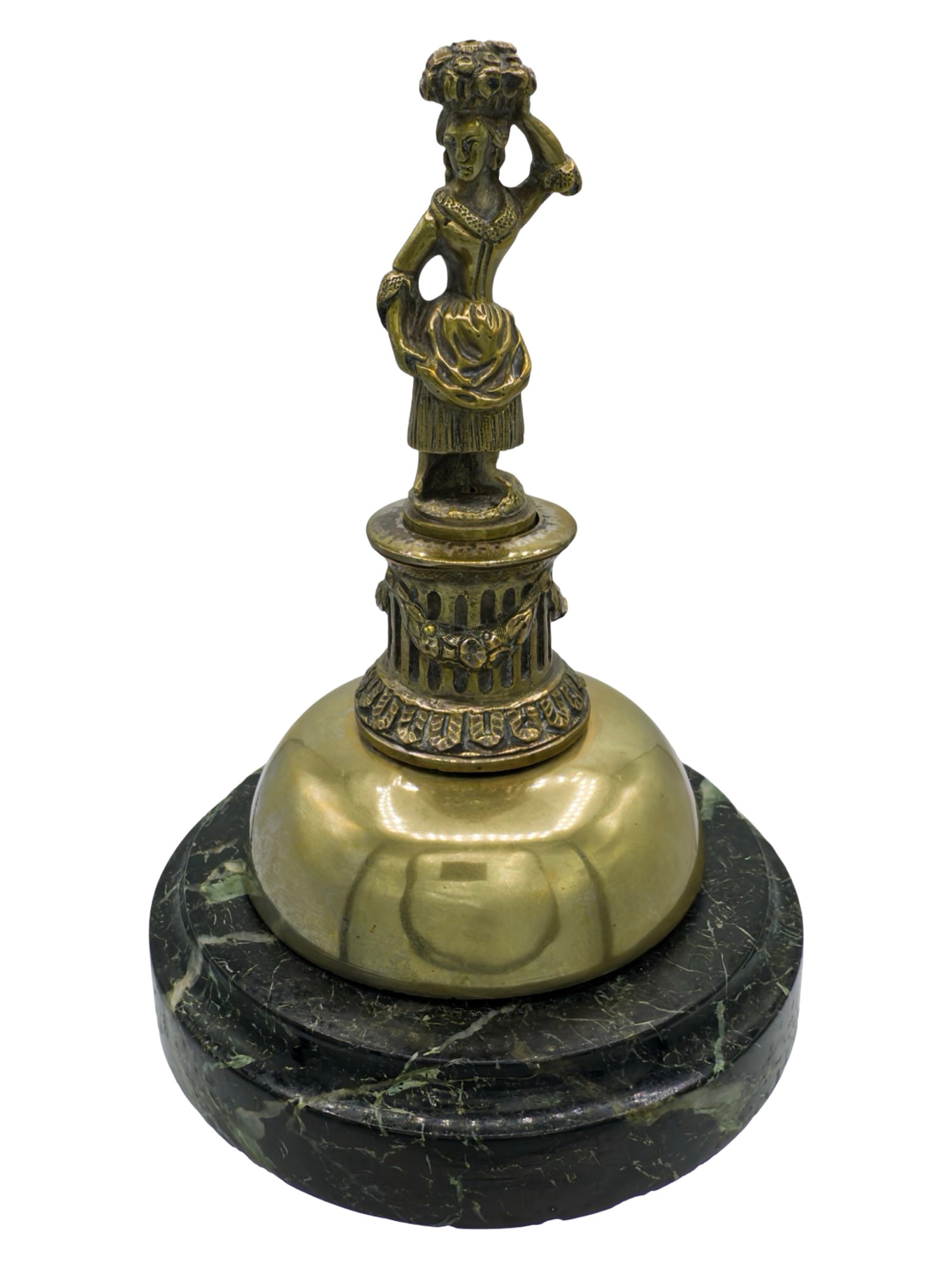 Girl Carrying a Basket - Mechanical Spring Bell: Brass Mounted to Marble Base. French - Circa 1890's. 5 3/8" Tall x 4" Circular. The Wayne Babbitt Collection.