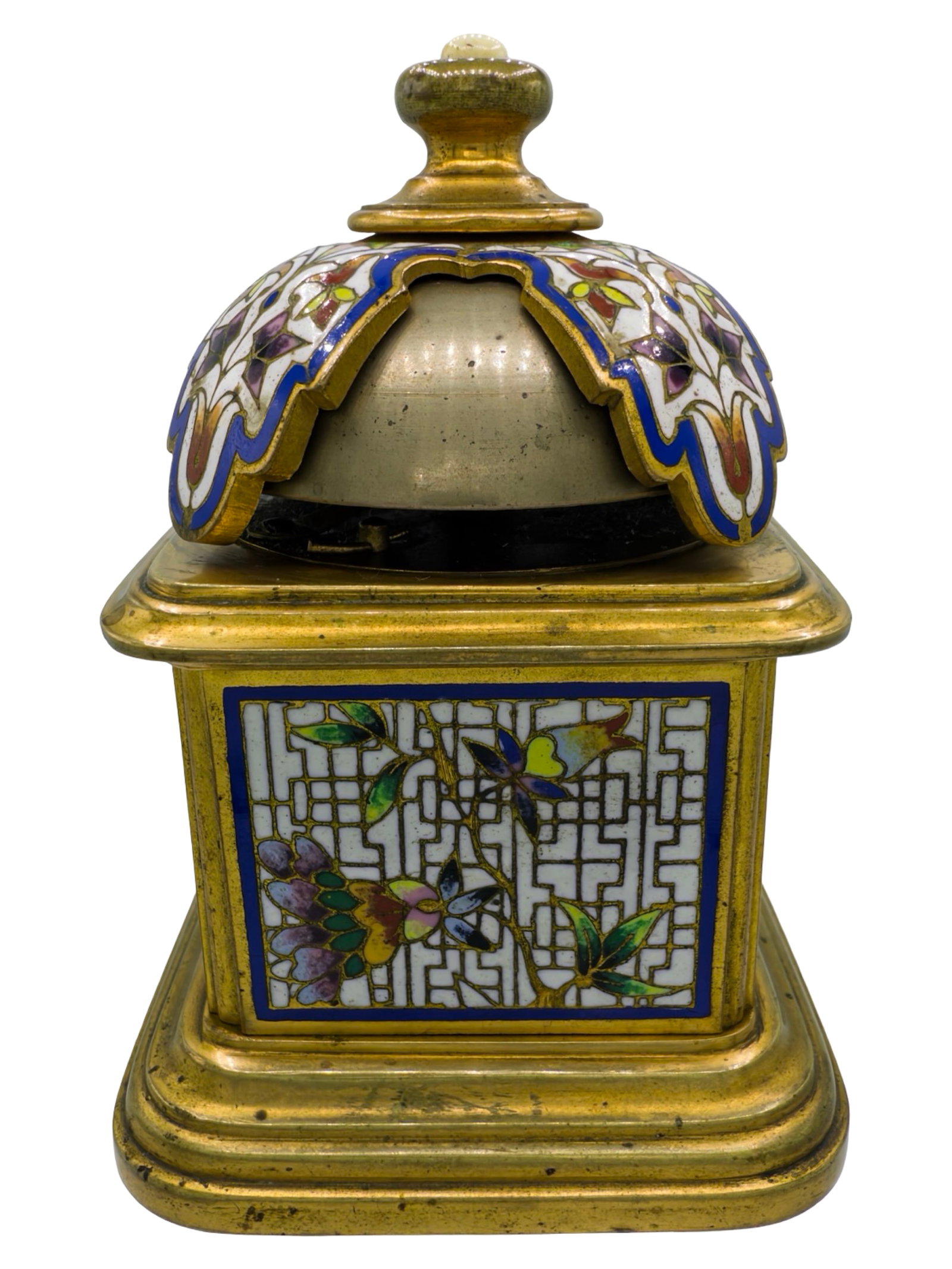 Floral Windup Bell: Made of Enamel & Brass. French - Circa 1890's. 4 1/2" Tall x 3 1/8" Wide. The Wayne Babbitt Collection.