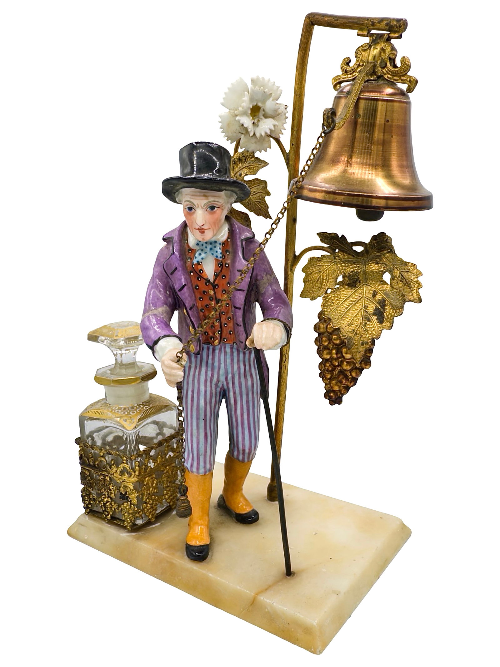 Fancy Dressed French Gentleman- Counter Bell & Inkwell: Hand Activated. Porcelain & Brass Mounted to Base. French - Circa 1890's. 8 5/8" Tall x 6" Wide x 3 1/2" Deep. The Wayne Babbitt Collection.