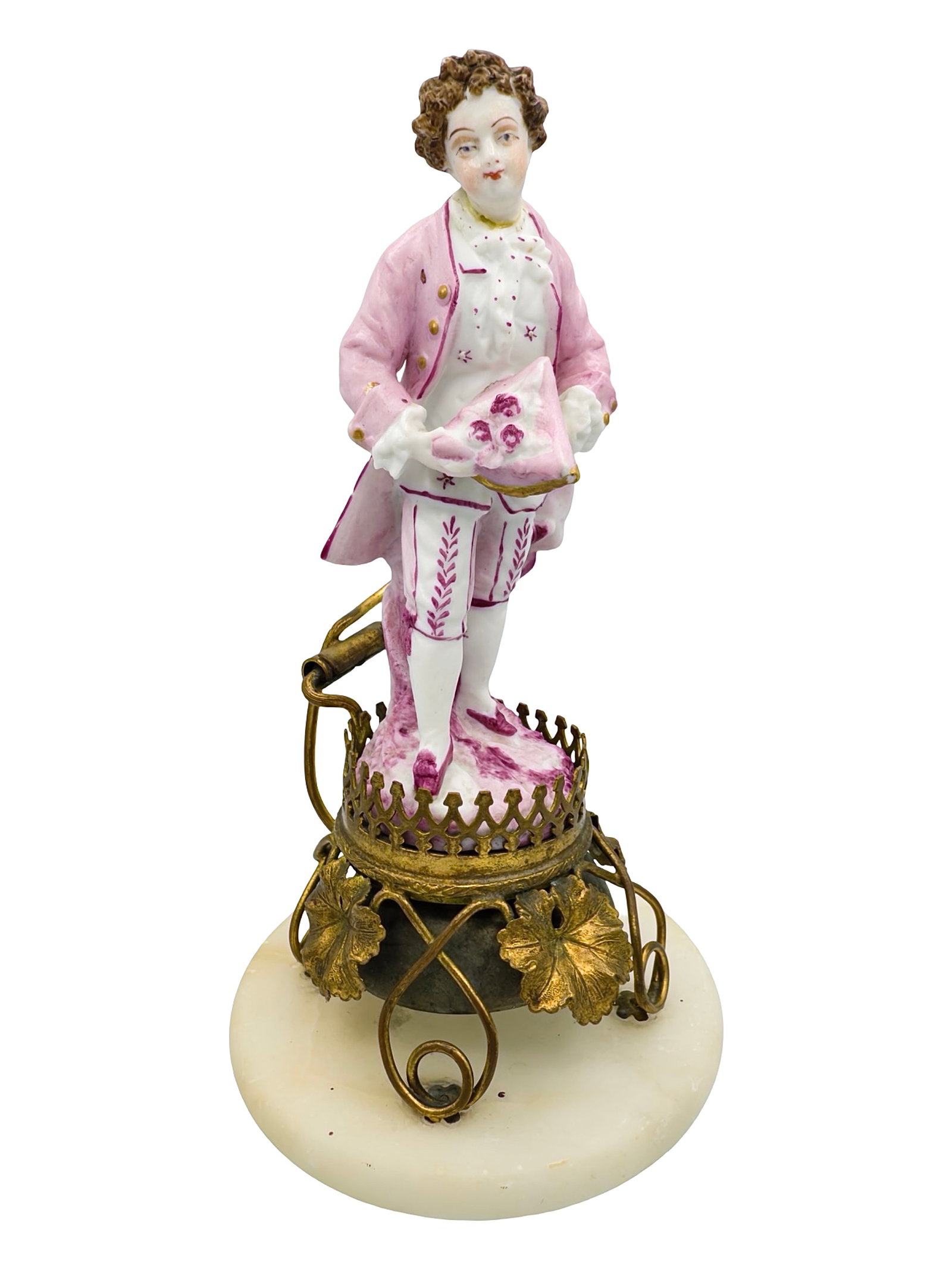Fancy French Gentleman - Counter Bell: Flip Action. Porcelain & Brass Mounted to Base. French - Circa 1890's. 6 3/8" Tall x 3 3/8" Circular. The Wayne Babbitt Collection.