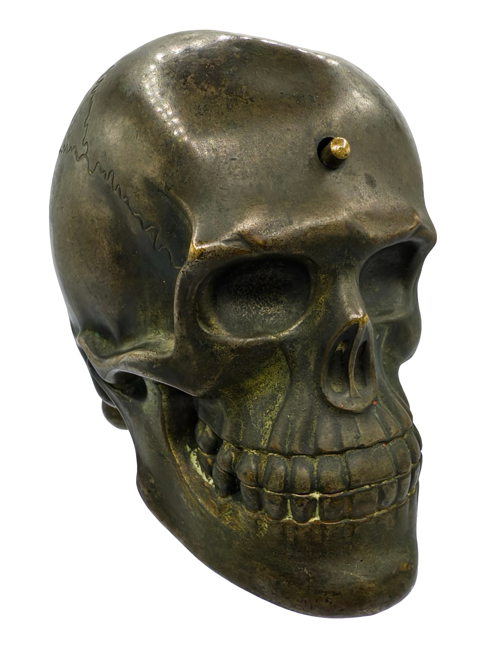 Rare Skull - Windup Bell: Made of Brass. German - Circa 1900's. 3 1/2" Tall x 4 1/2" Deep. The Wayne Babbitt Collection.
