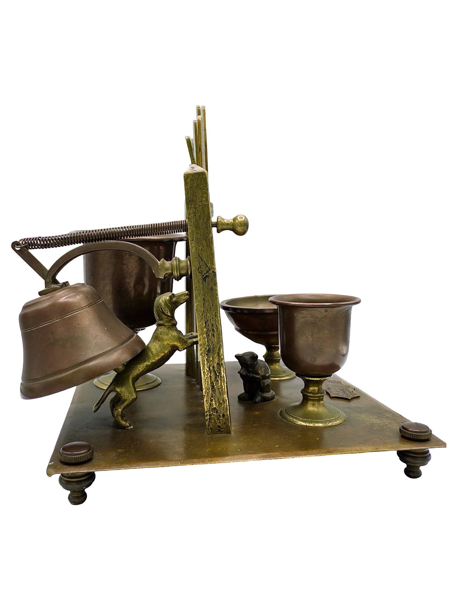 Smoking Desk Set & Counter Bell: Pull and Release Action. Made of Brass. European - Circa 1900's. 8" Tall x 7 1/4" Square. The Wayne Babbitt Collection. A cat sits on one side of the fence, while a dog anxiously looks on from the
