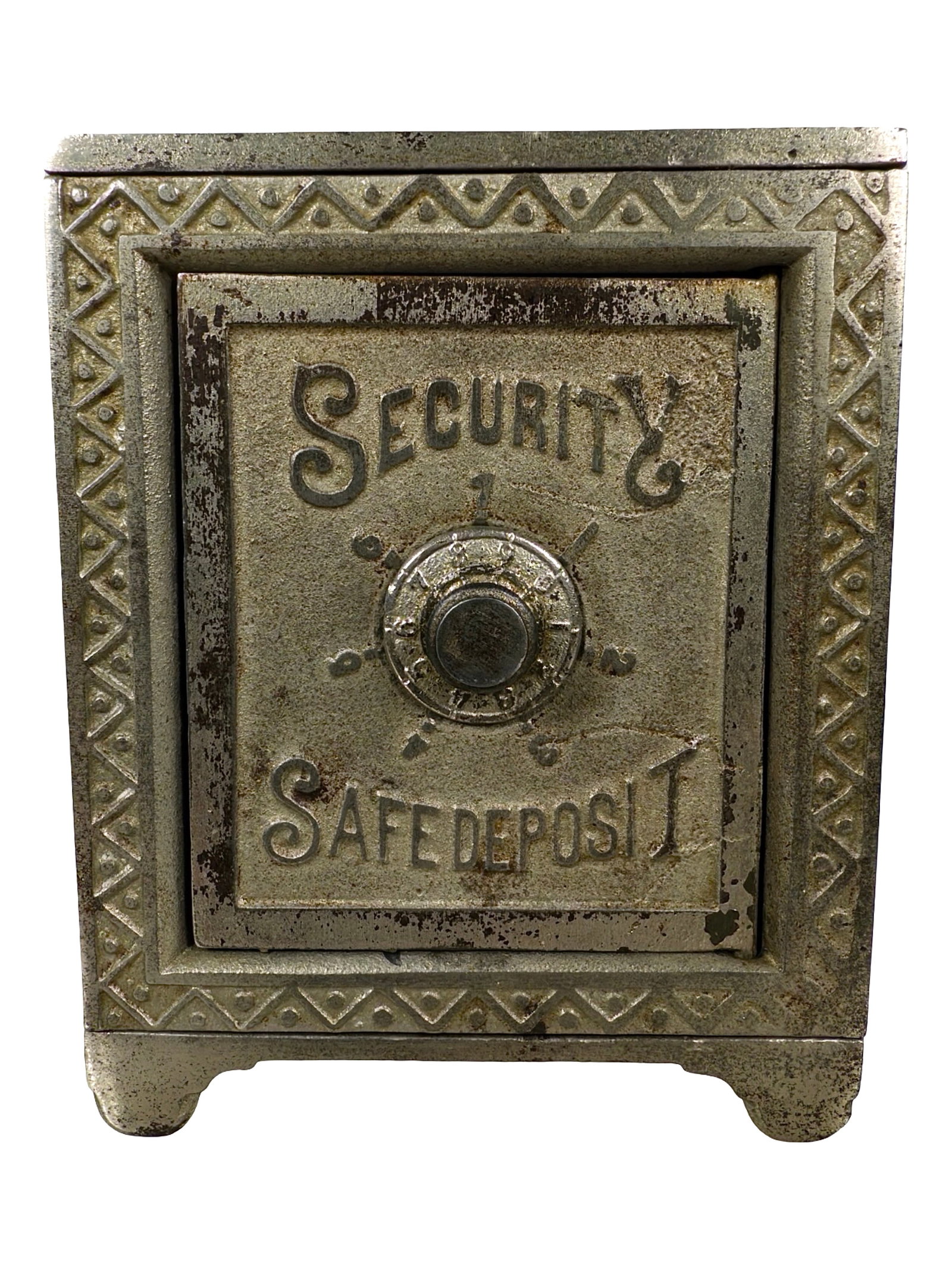 Security Safe - Iron Bank: Scarce Nickel Plated Example. By Kyser & Rex Company. Philadelphia - 1887 - 4 3/4" Tall. The Mike Henry Collection.