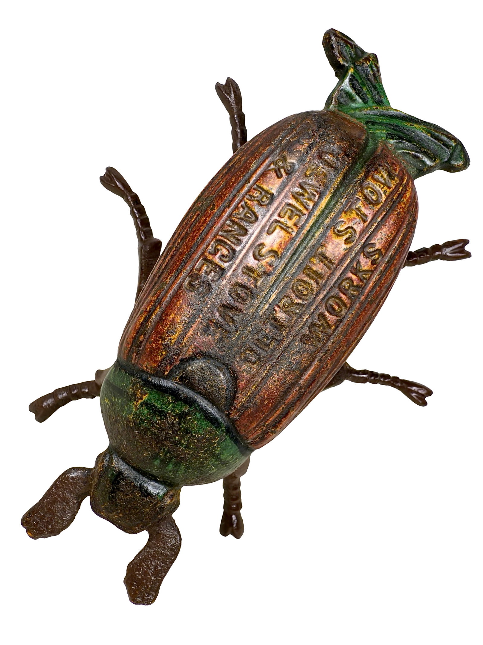 Cast Iron Beetle Match Safe with Advertising (1 of 7)
