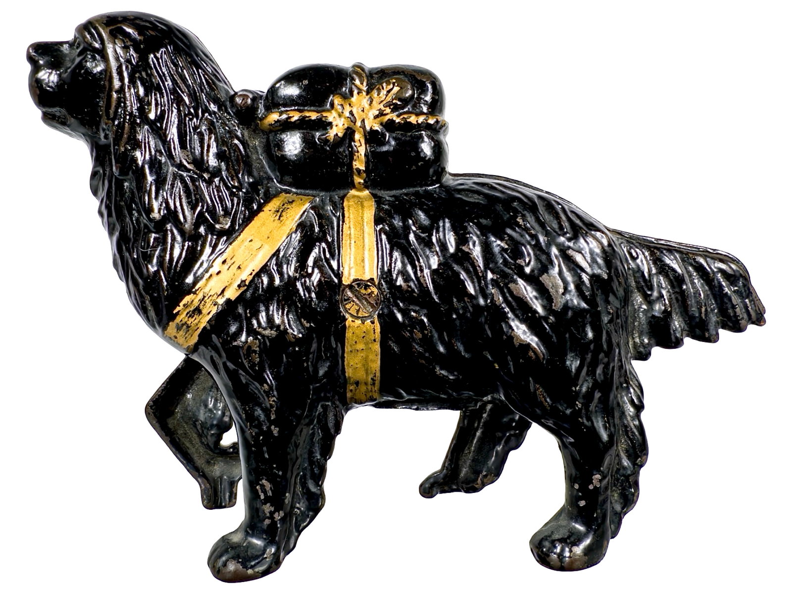 St. Bernard with Pack - Large - Iron Bank: Ebony Paint with Gold Highlights. By A. C. Williams Company. Ravenna, Oh. - 1915 - 6" Tall. The Tom Kellogg Collection.