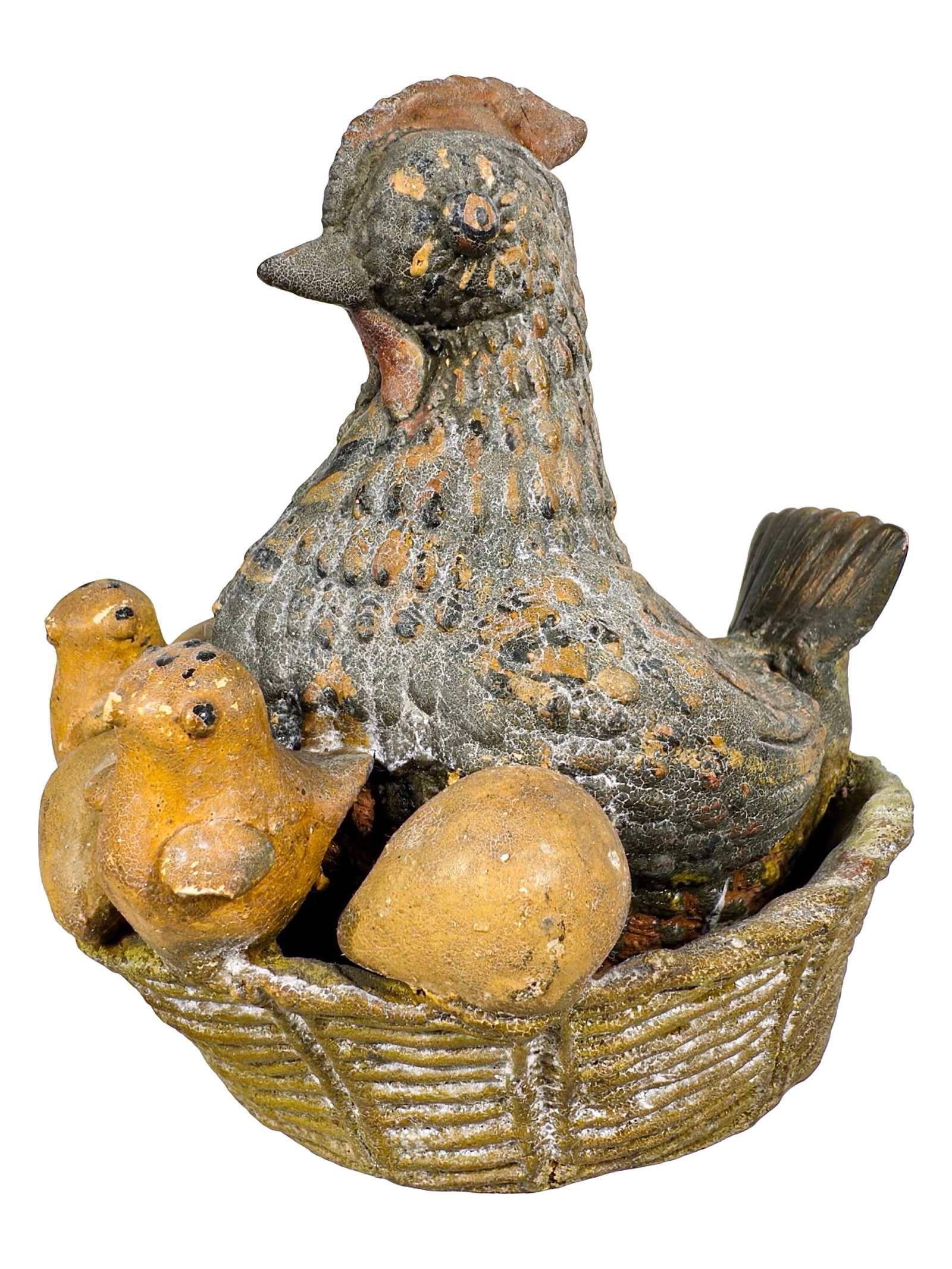 Hen and Chicks on Nest - Painted Ceramic Bank: American - 1890 - 4 3/4" Tall. The Mike Henry Collection.