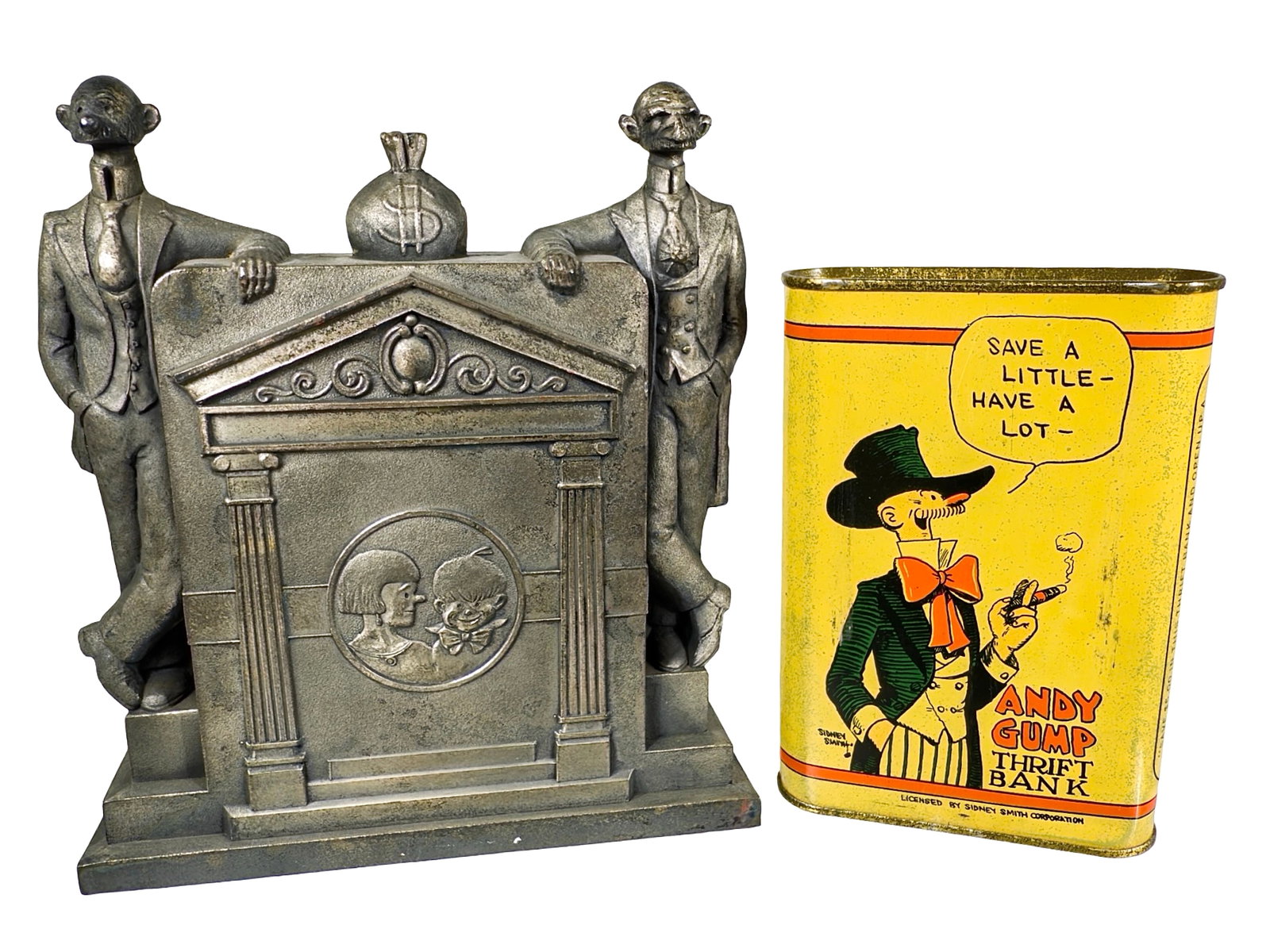 Andy Gump Savings Bank with Tin Insert: By General Thrift Products. Chicago, IL - 1920 - 5 3/4" Tall. The Tom Kellogg Collection.