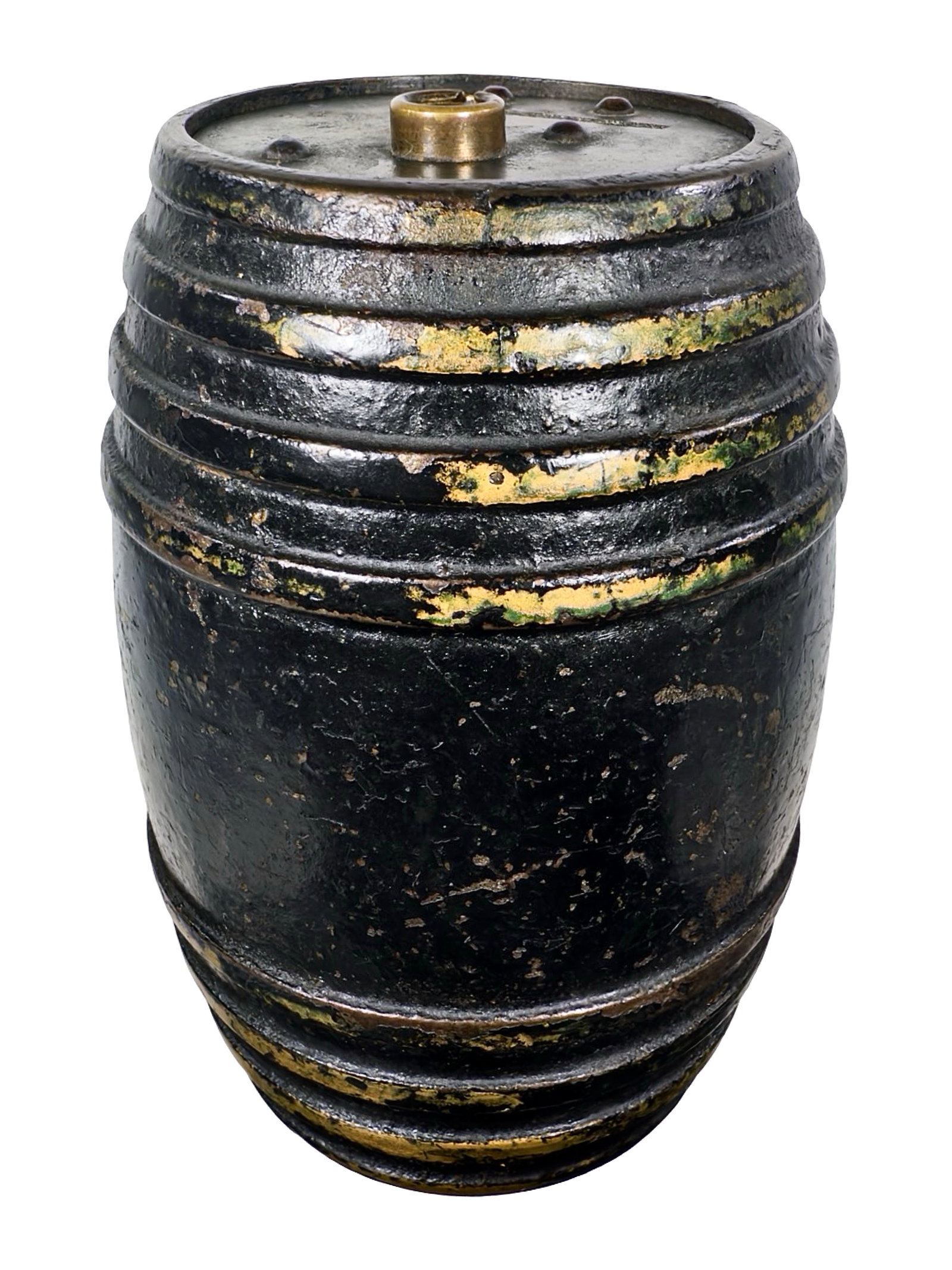 Painted Barrel - Iron Bank: American - 1890 - 4 1/2' Tall. The Tom Kellogg Collection.