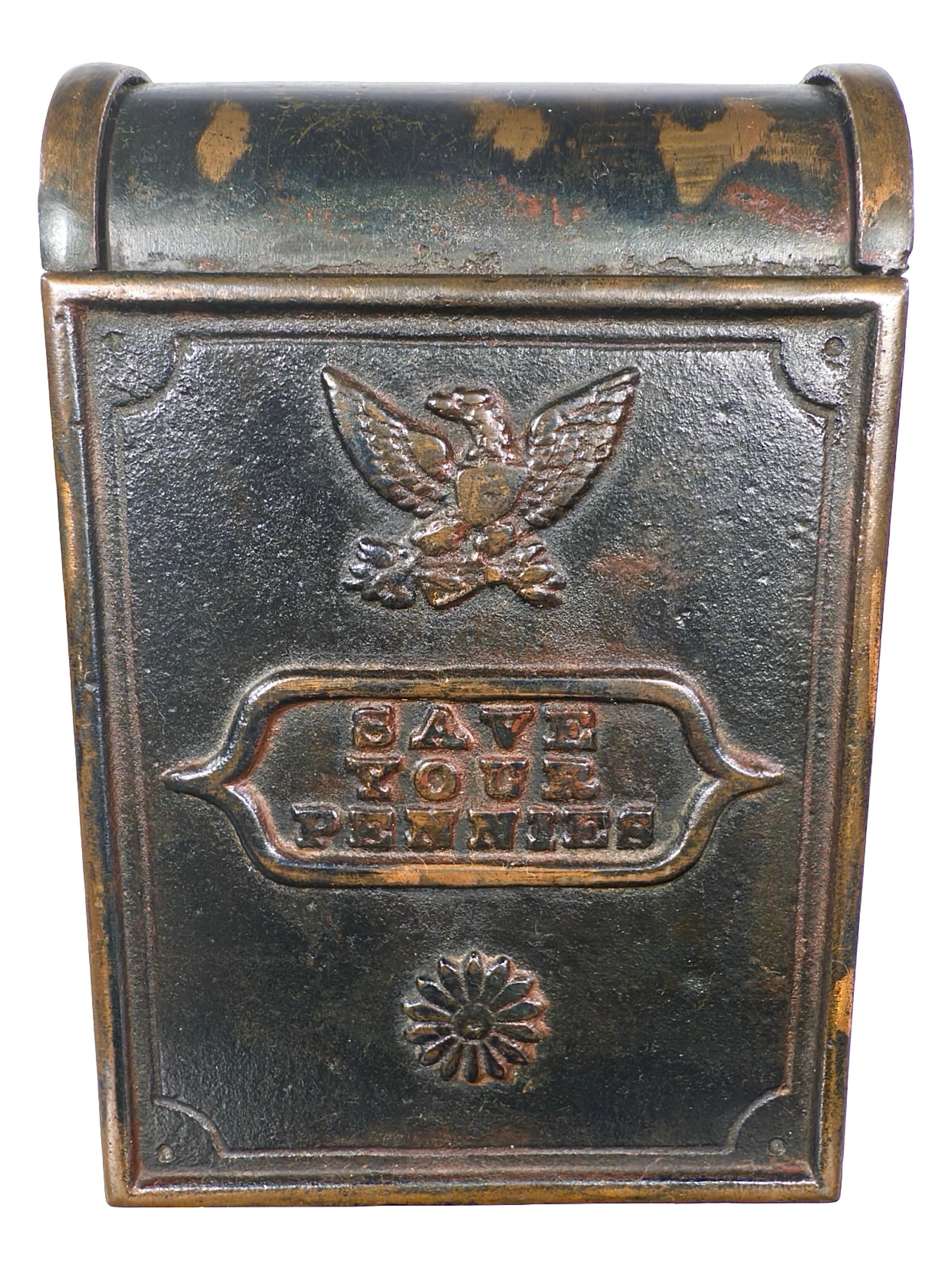 Save Your Pennies Bank - Scarce: By Arnett Mfg. Company. Buffalo, NY - 1905 - 6" Tall. The Tom Kellogg Collection.