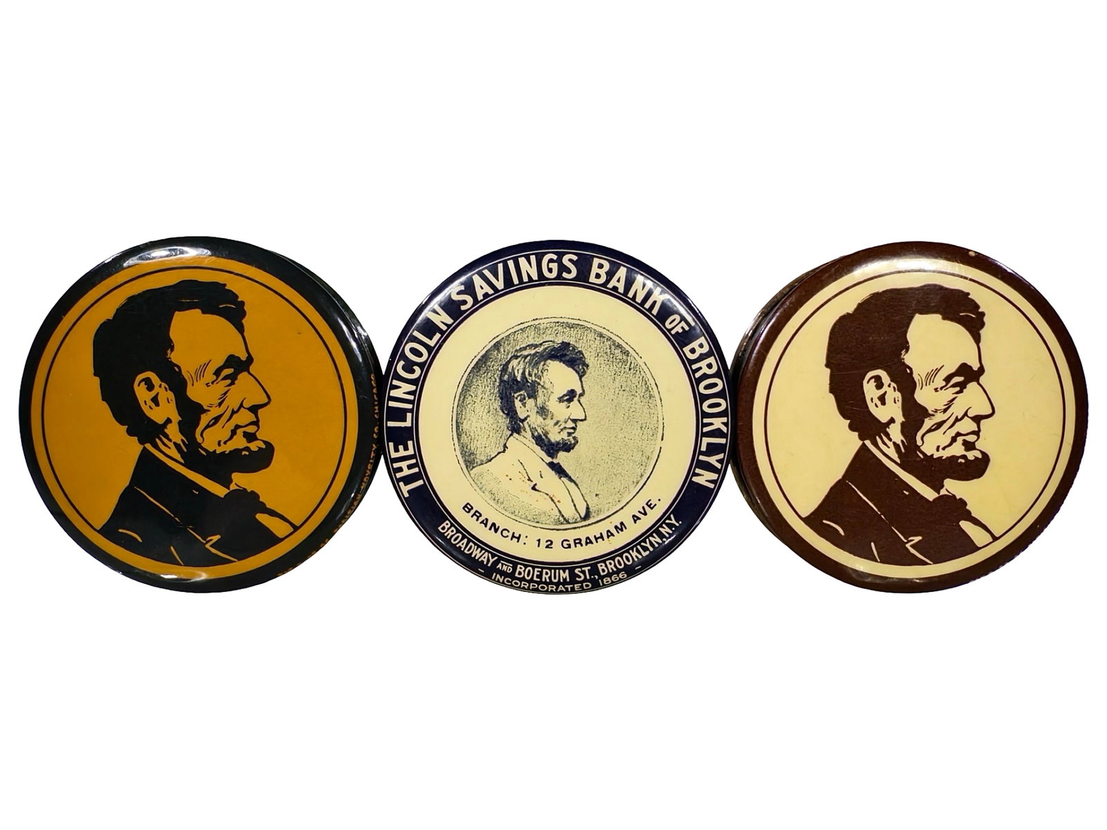 Three Celluloid Pocket Dime Banks: Abraham Lincoln Images. American - 1920's - 2 1/2" Circular. The Peirce Collection.