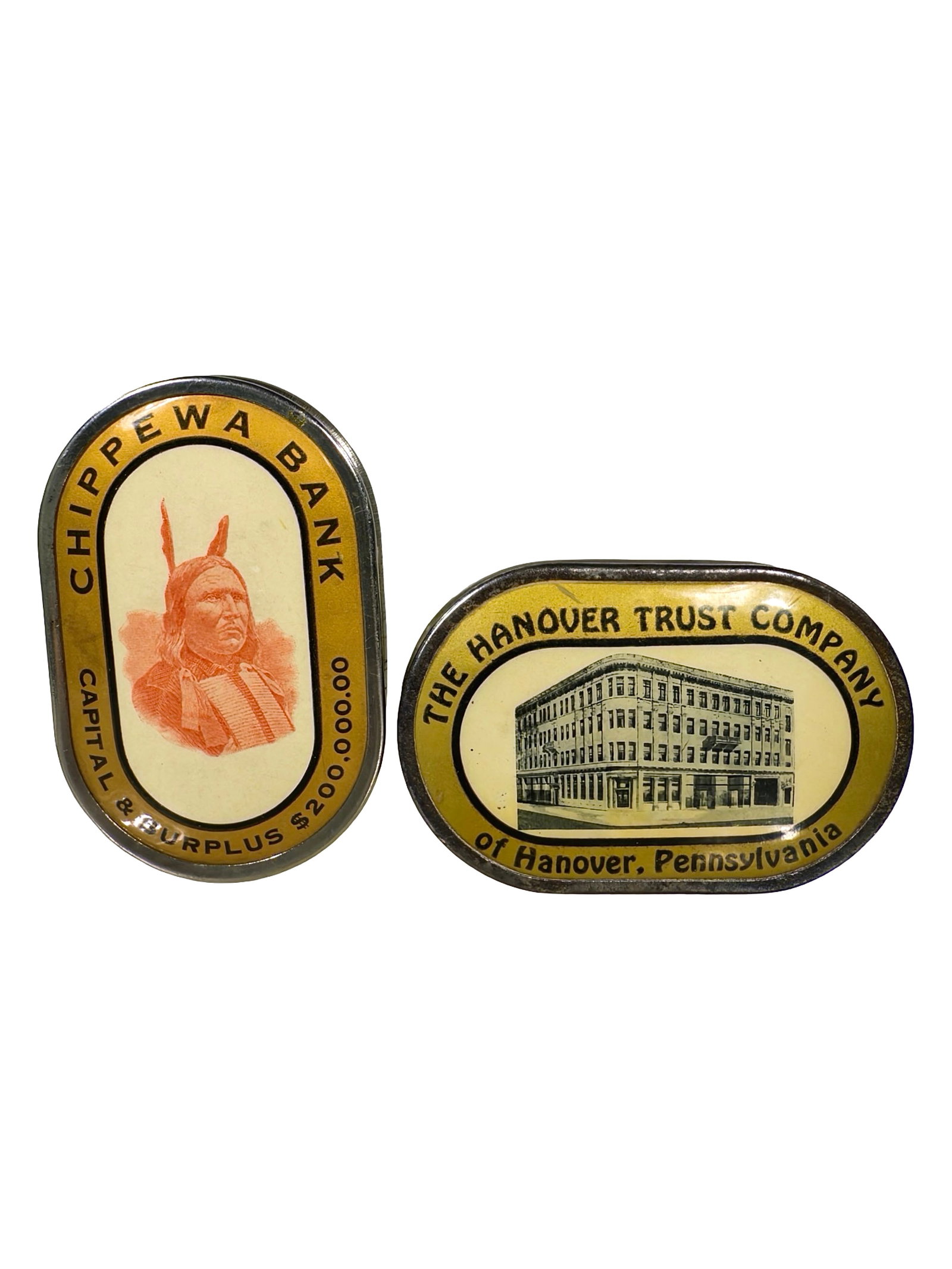 Two Ovoid Celluloid Dime Banks: American - 1920's - 3 1/8" Tall. The Peirce Collection.