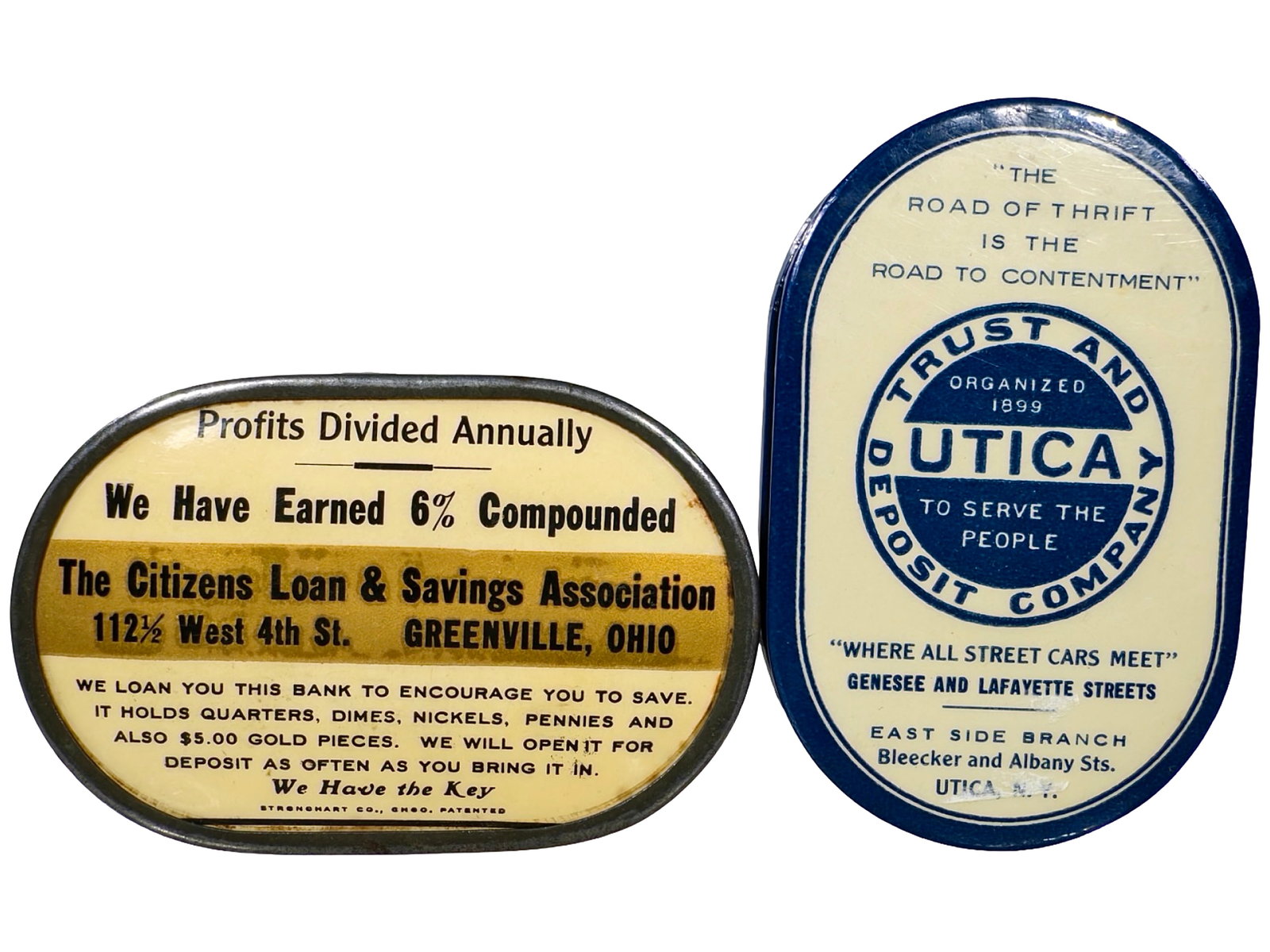Two Ovoid Pocket Dime Banks: American - 1920's - 3 1/8" Tall. The Peirce Collection.