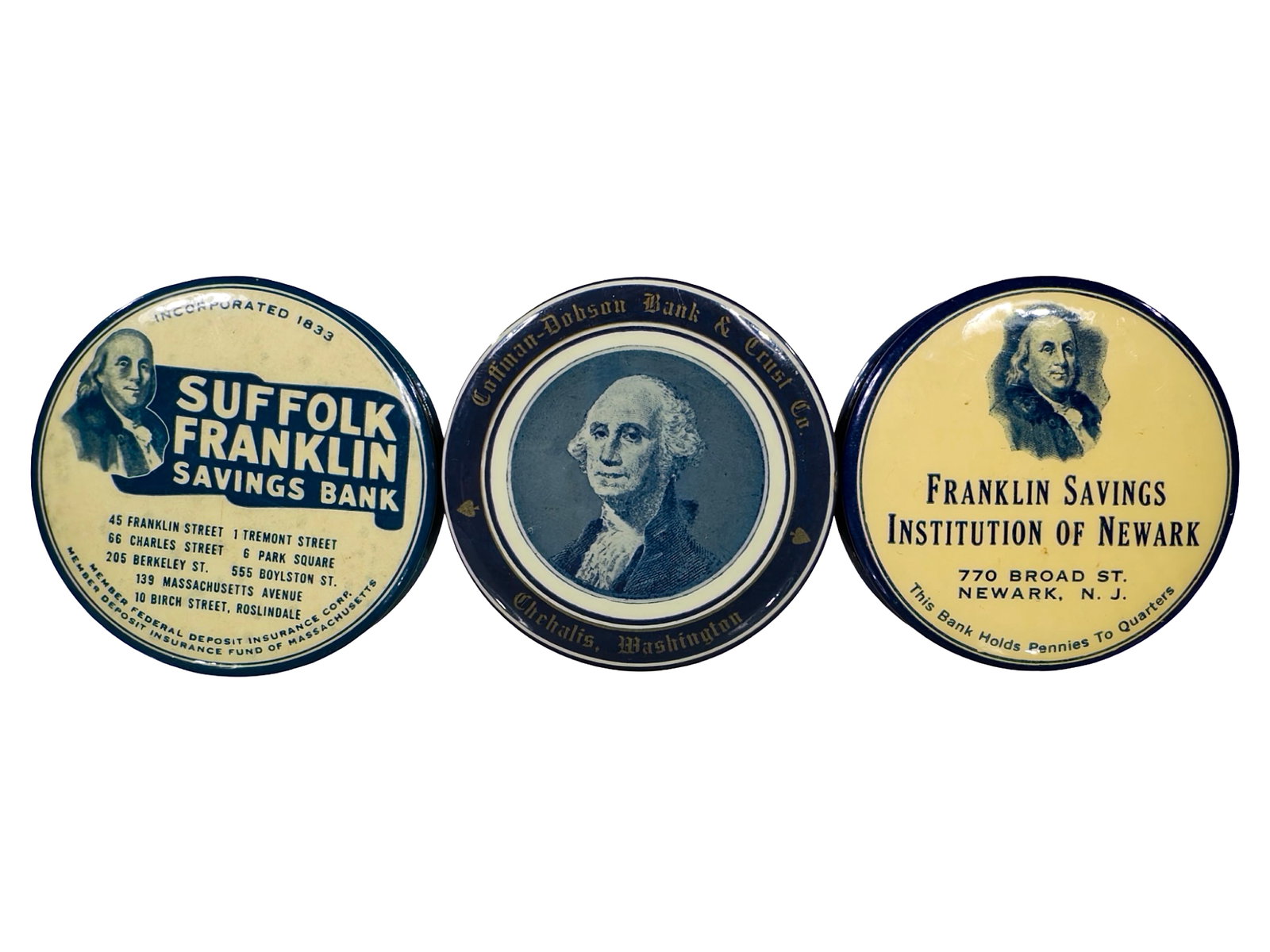 Three Celluloid Pocket Dime Banks: Franklin & Washington Images. American - 1920's - 2 1/2" Circular. The Peirce Collection.