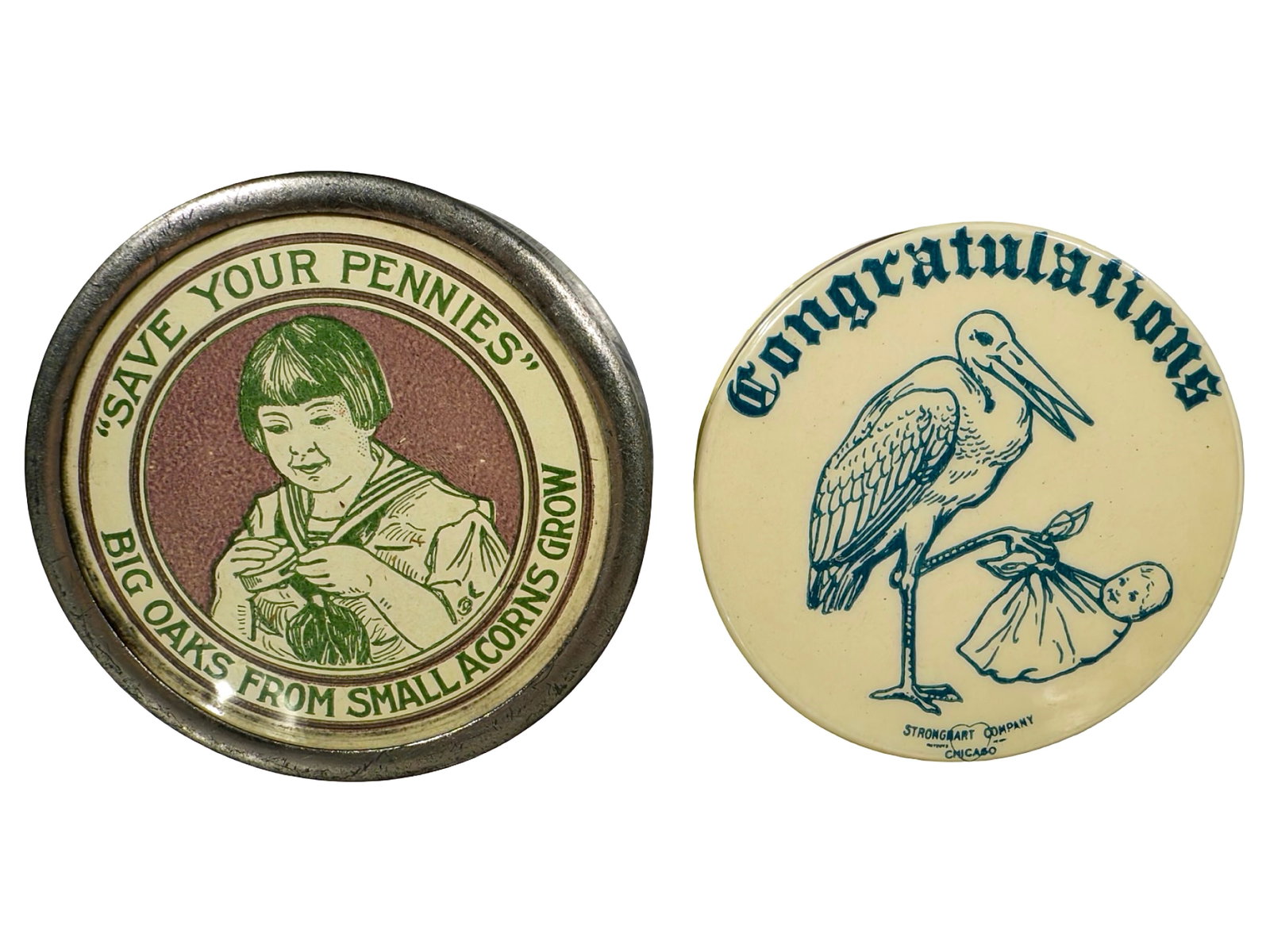 Two Celluloid Pocket Dime Banks: American - 1920's - 2" Circular. The Peirce Collection.