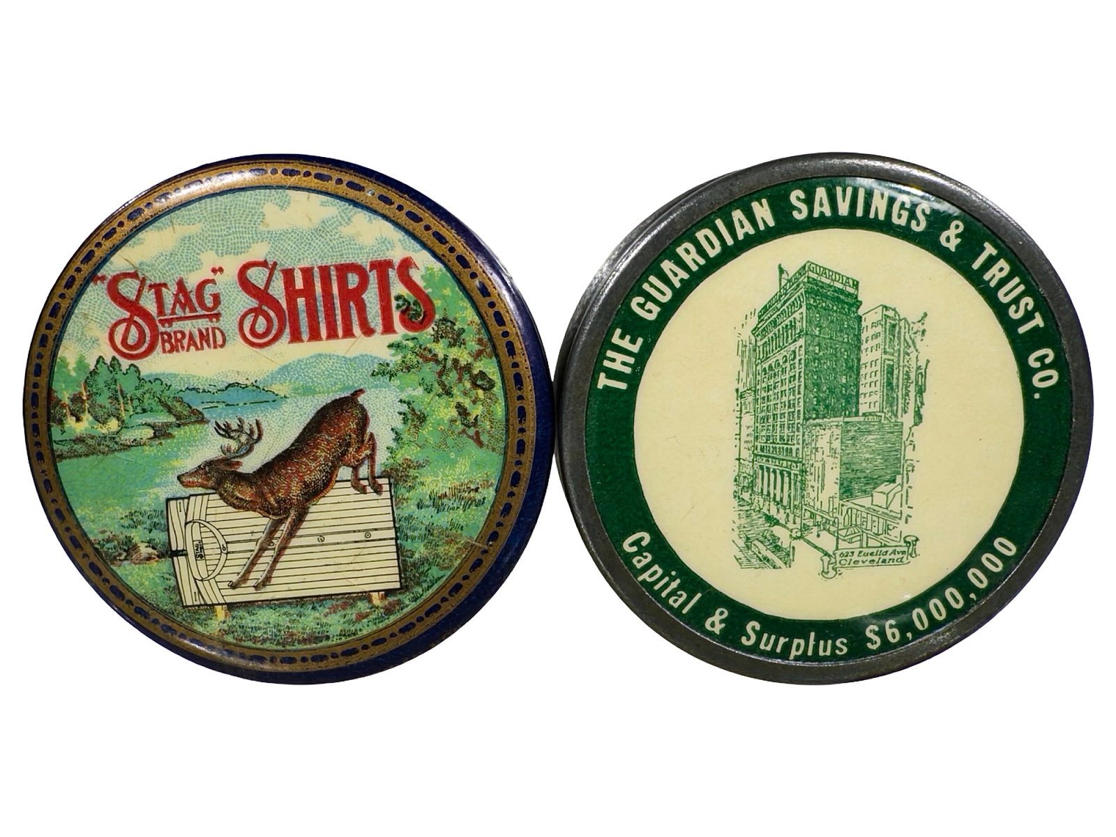 Two Celluloid Pocket Dime Banks: American - 1920's - 2" Circular. The Peirce Collection.