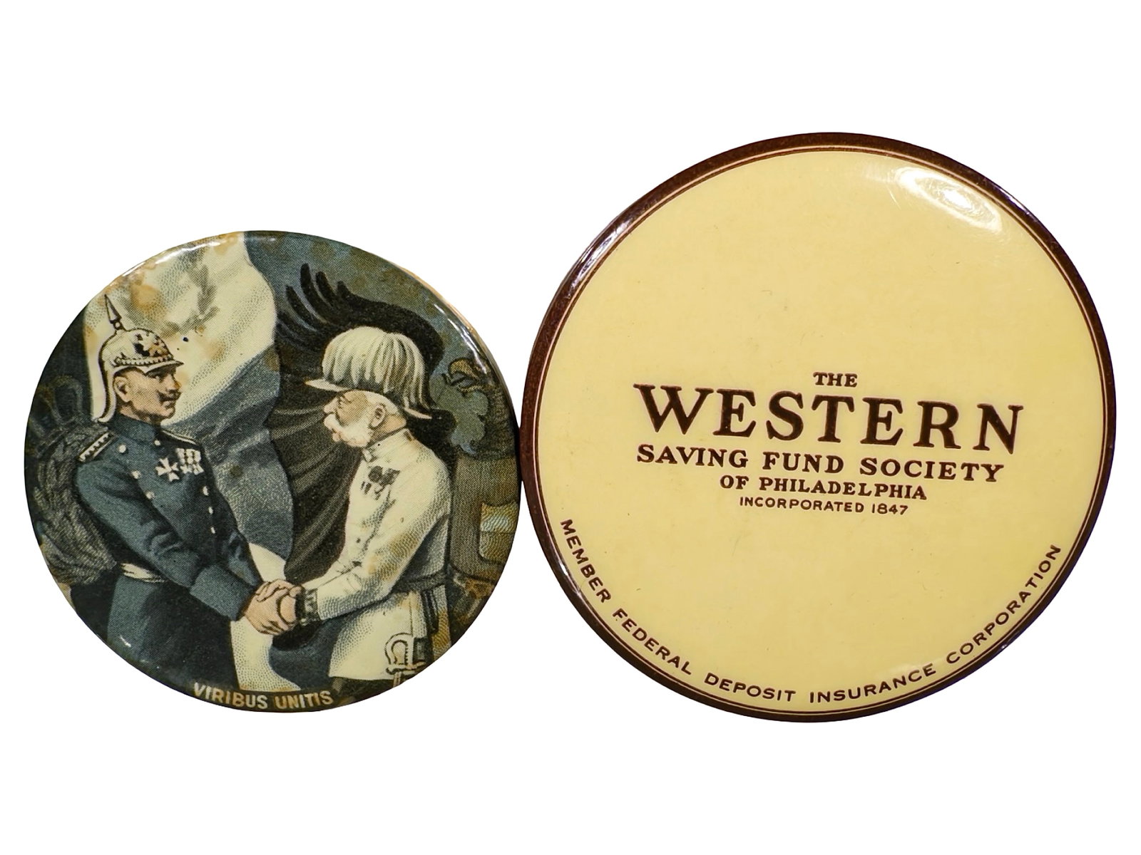 Two Celluloid Pocket Dime Banks: American - 1920's - 2" to 2 1/2" Circular. The Peirce Collection.
