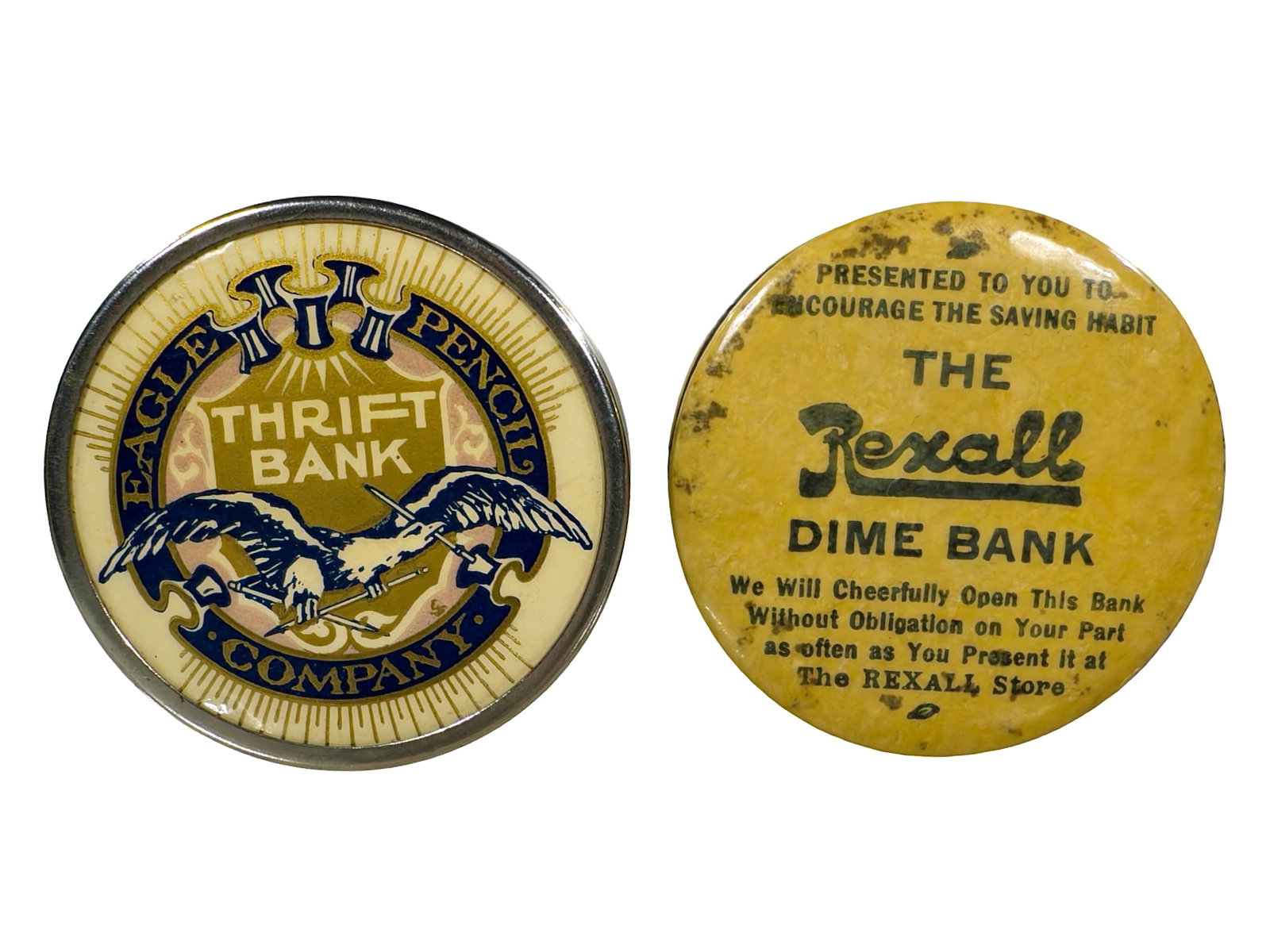 Two Celluloid Pocket Dime Banks: American - 1920's - 2" Circular. The Peirce Collection.