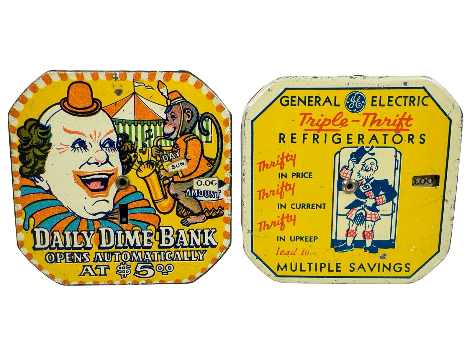 Two Pocket Dime Register Banks: American - 1930/40's - 2 1/2" Square. The Peirce Collection.