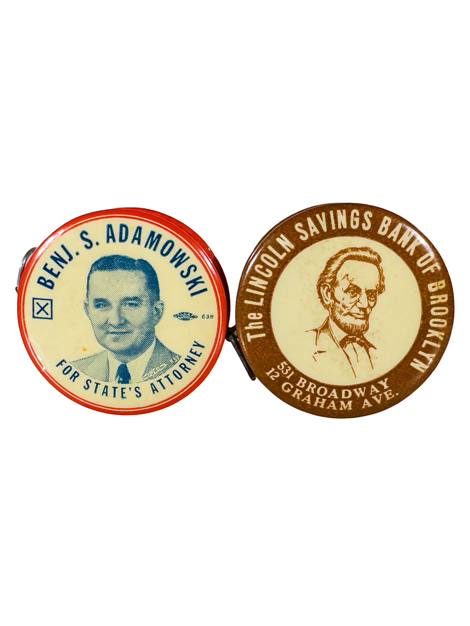 Two Small Celluloid Tape Measures: American - 1920/30's - 1 1/4" Circular. The Peirce Collection.