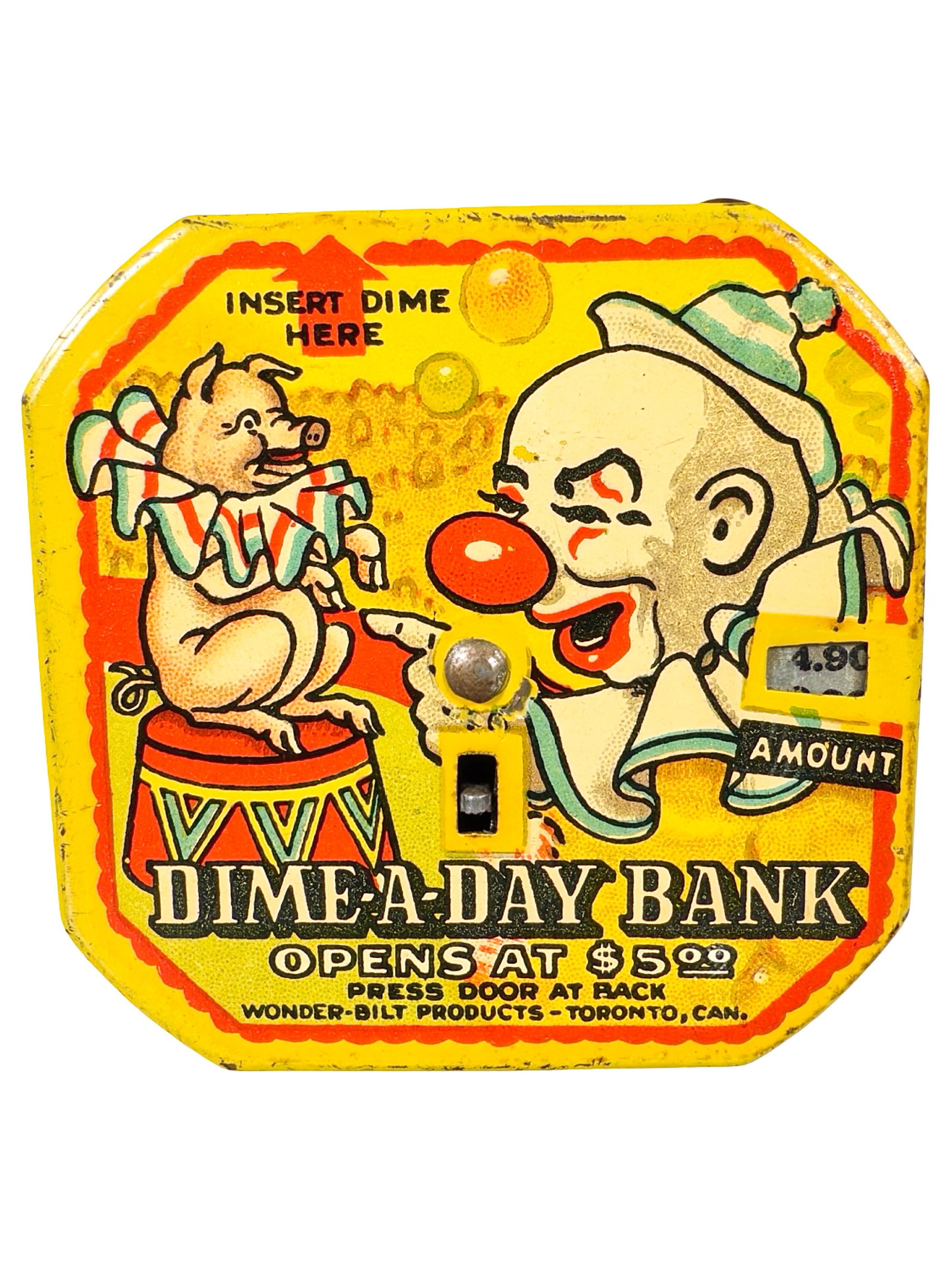 Dime a Day Bank - Clown & Pig Version - Scarce: By Wonder-Bilt Products. Toronto, Can. - 1930's - 2 1/2" Square. The Peirce Collection.