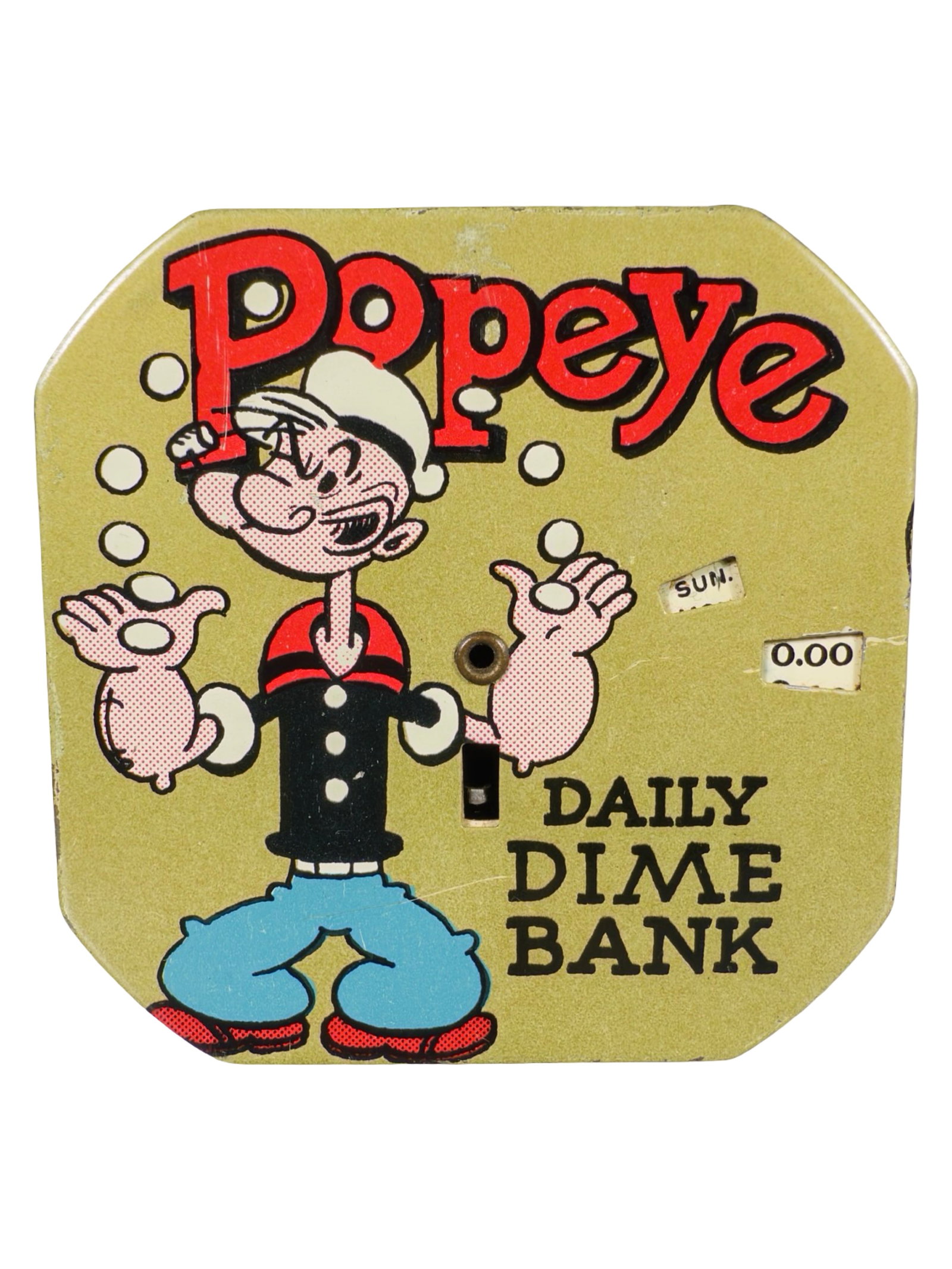Popeye Daily Dime Bank: By Kalon Mfg. Company. Brooklyn, NY - 1940's - 2 1/2" Square. The Peirce Collection.
