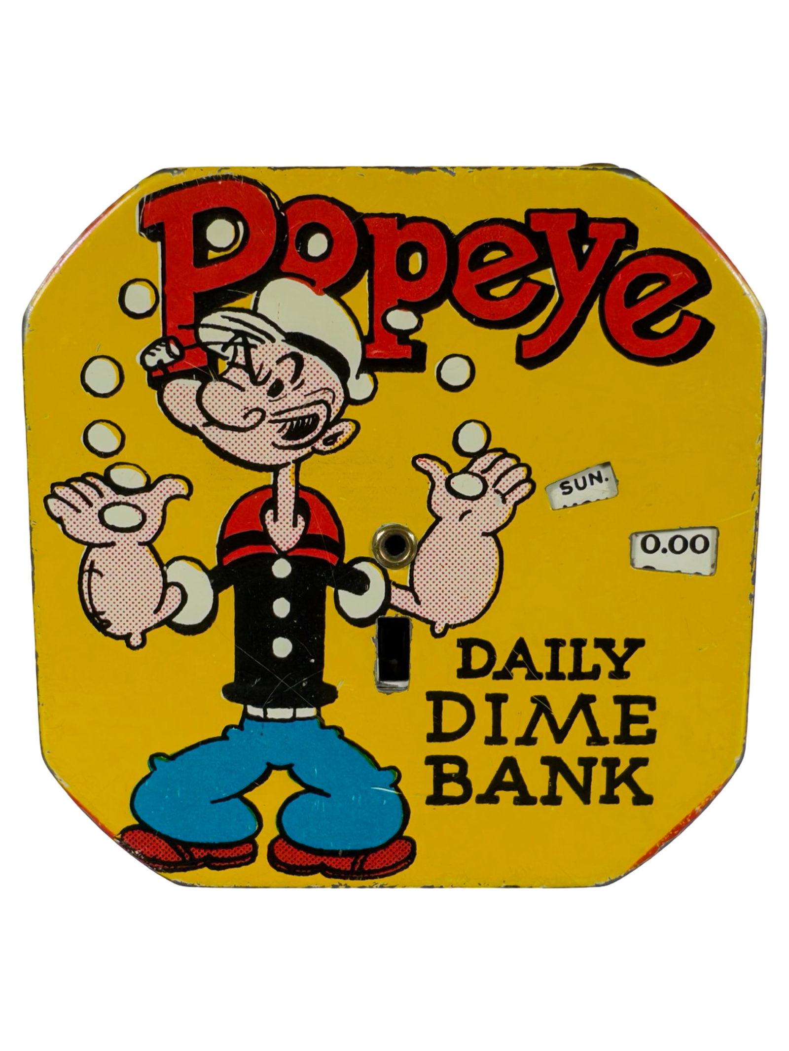 Popeye Daily Dime Bank: By Kalon Mfg. Company. Brooklyn, NY - 1940's - 2 1/2" Square. The Peirce Collection.