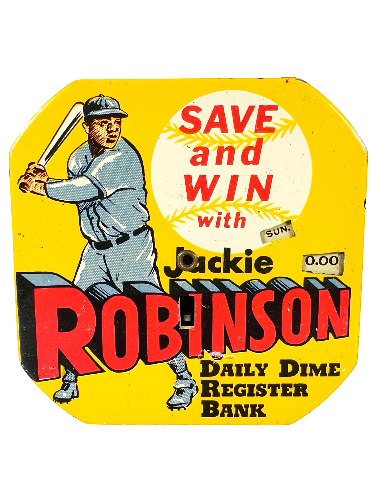 Jackie Robinson - Daily Dime Register Bank - Blue Uniform Version: By Kalon Mfg. Company. Brooklyn, NY - 1950's - 2 1/2" Square. The Peirce Collection.