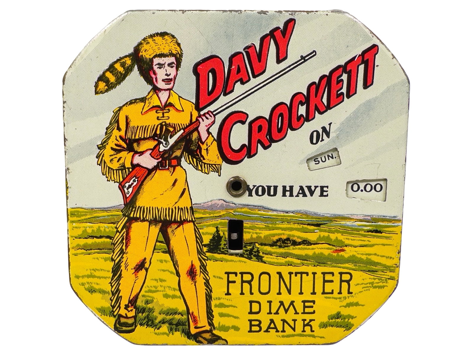Davy Crockett - Pocket Dime Register Bank - Grey Sky with Cloud - Scarce (1 of 6)