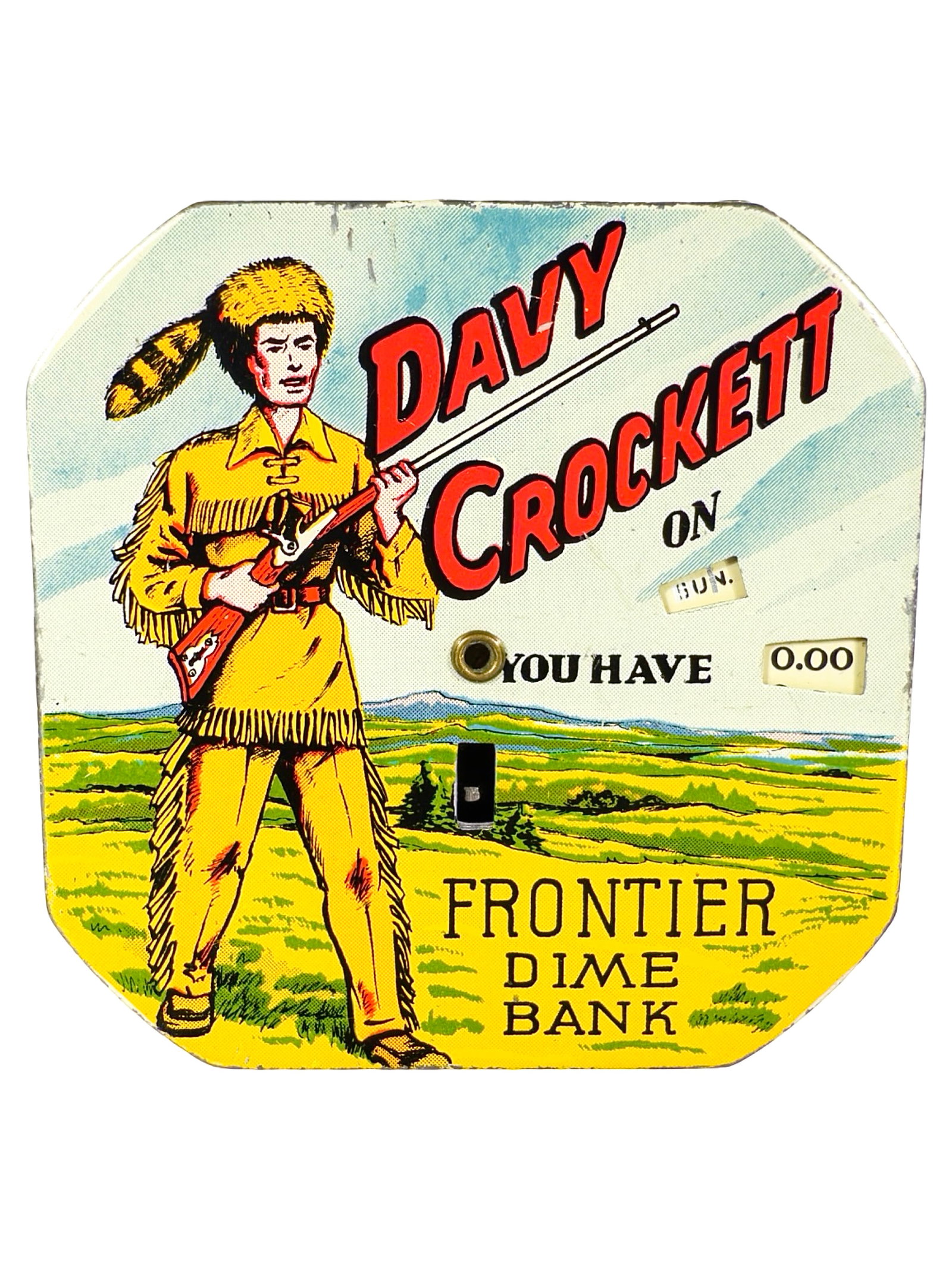 Davy Crockett - Pocket Dime Register Bank - Blue Sky with Clouds - Very Scarce: By Kalon Mfg. Company. Brooklyn, NY - 1950's - 2 1/2" Square. The Peirce Collection.