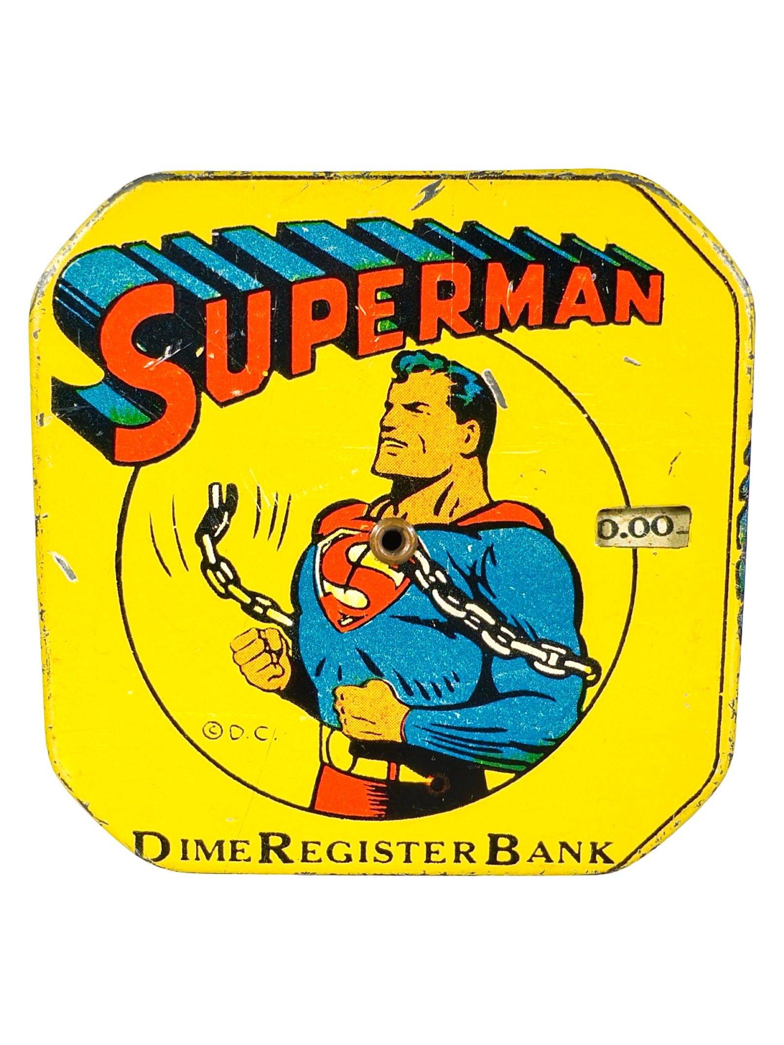 Superman - Pocket Dime Register Bank - Darkened Flesh Face: American - 1940's - 2 1/2" Square. The Peirce Collection.