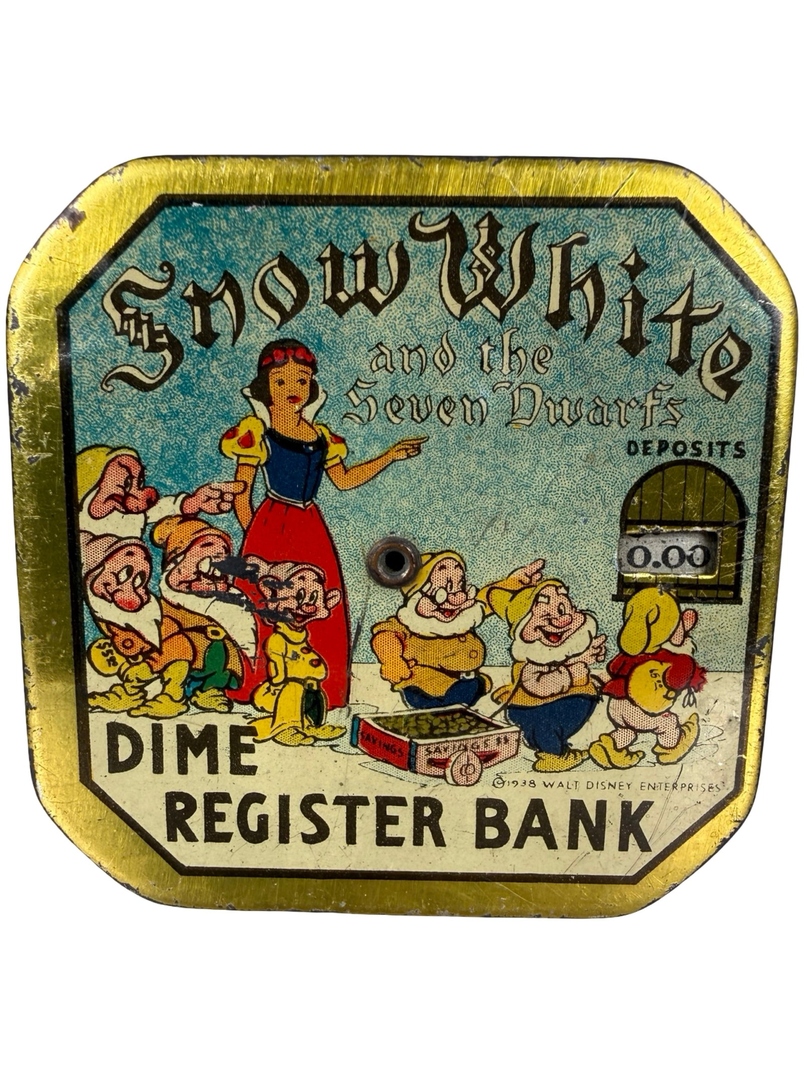 Snow White - Pocket Dime Register Bank - White Letters Version - Scarce: By Walt Disney Production. American - 1939 - 2 1/2" Square. The Peirce Collection.