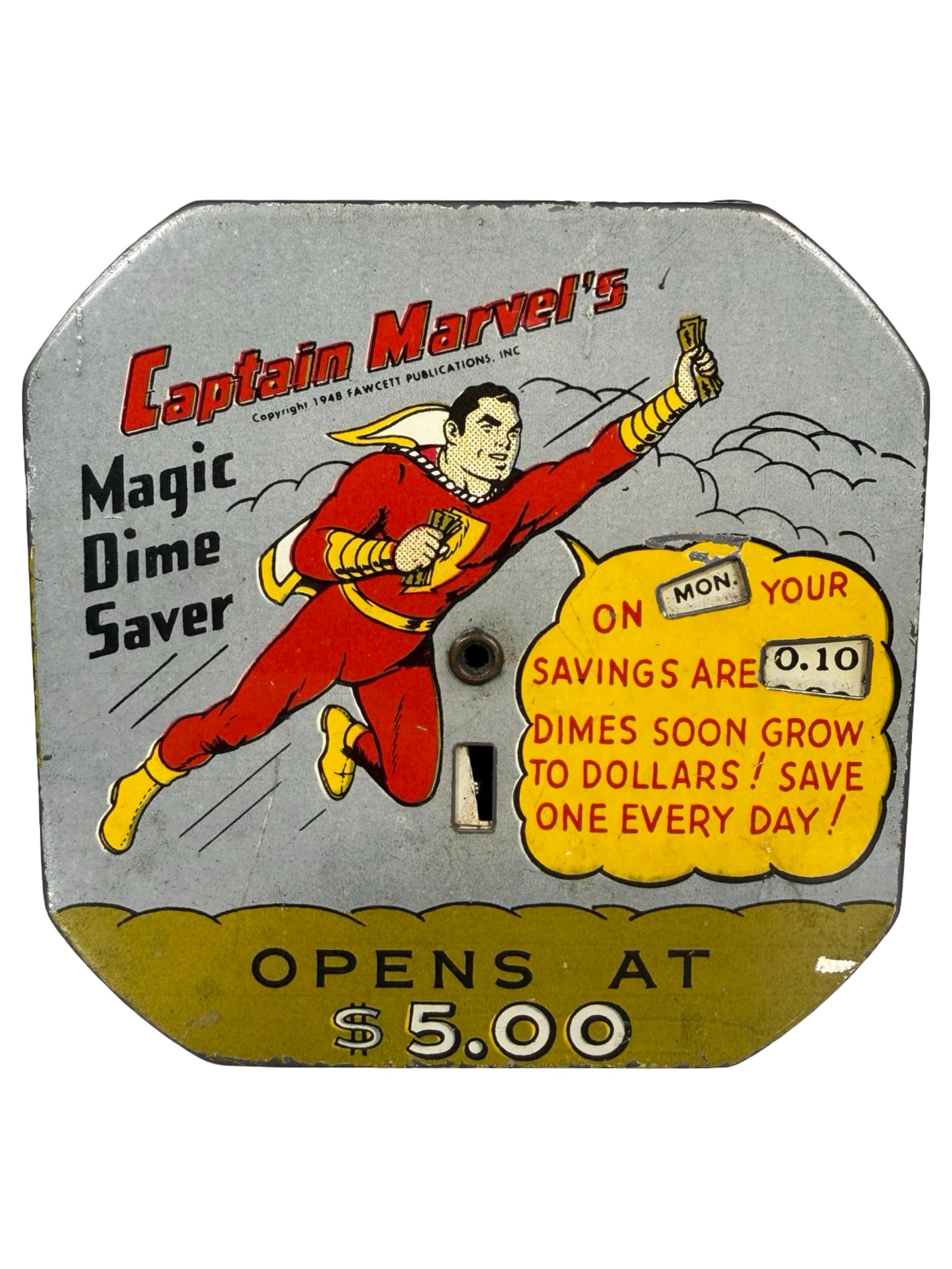 Captain Marvel - Magic Dime Saver - Blue Background Version: By Kalon Mfg. Company. Brooklyn, NY - 1950's - 2 1/2" Square. The Peirce Collection.