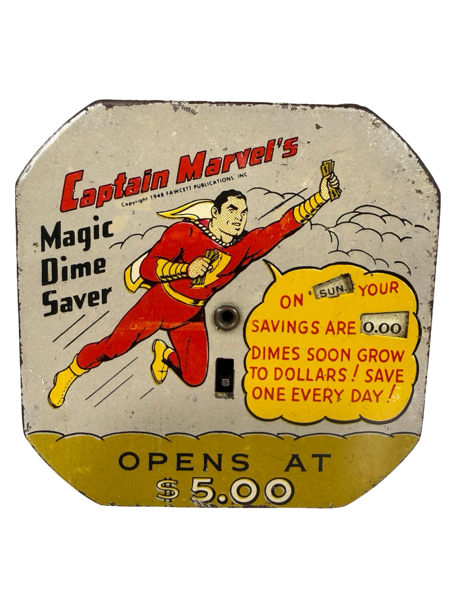 Captain Marvel - Magic Dime Saver - Cream Background - Scarce: By Kalon Mfg. Company. Brooklyn, NY - 1950's - 2 1/2" Square. The Peirce Collection.