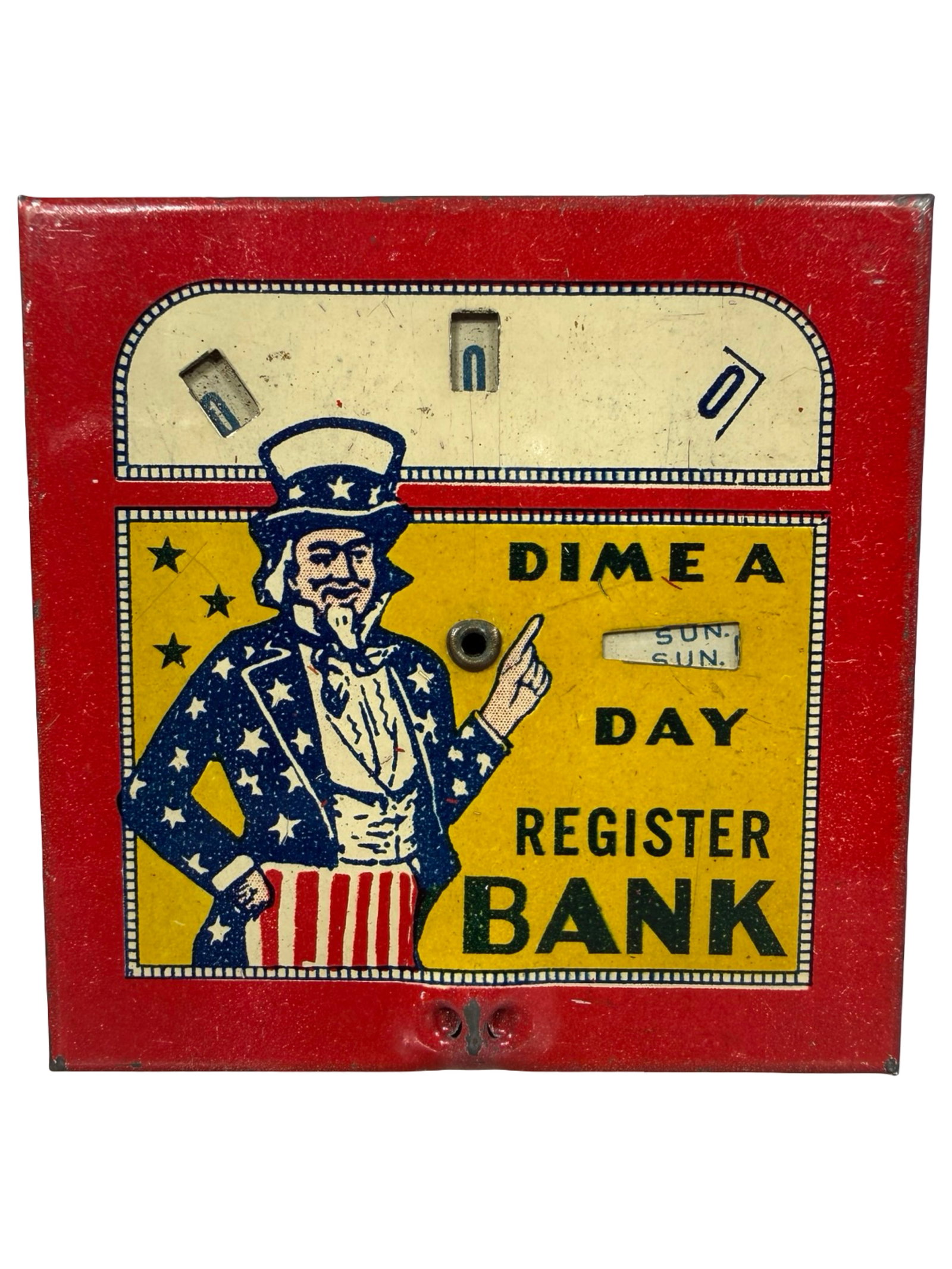 Uncle Sam - Dime a Day Bank - Thick Red Border - Scarce (1 of 6)