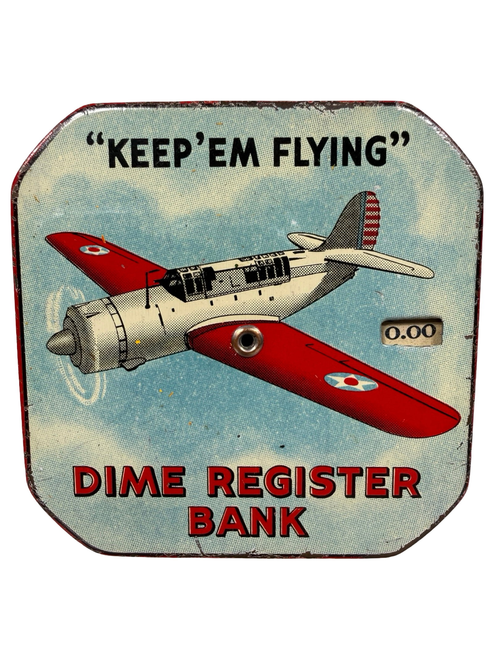 Keep 'Em Flying - Pocket Dime Register Bank - Level Plane - Scarce: By Durable Toy & Novelty Corp. American - 1940's - 2 1/2" Square. The Peirce Collection.