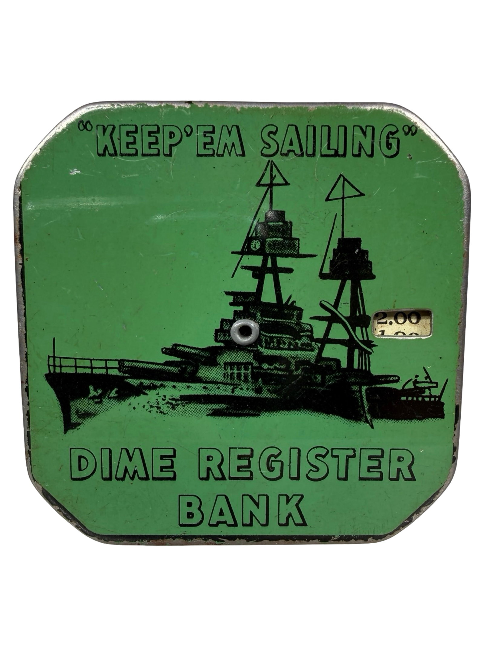 Keep 'Em Sailing - Pocket Dime Register Bank - Green Background - Scarce (1 of 6)