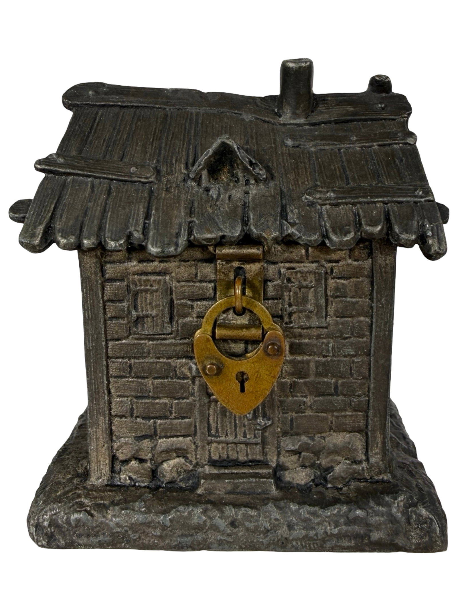 Thatched Farm Cottage - Unpainted Lead Toy Bank: Germany - 1900's - 3 3/8" Tall. The Clayton Luther Collection.