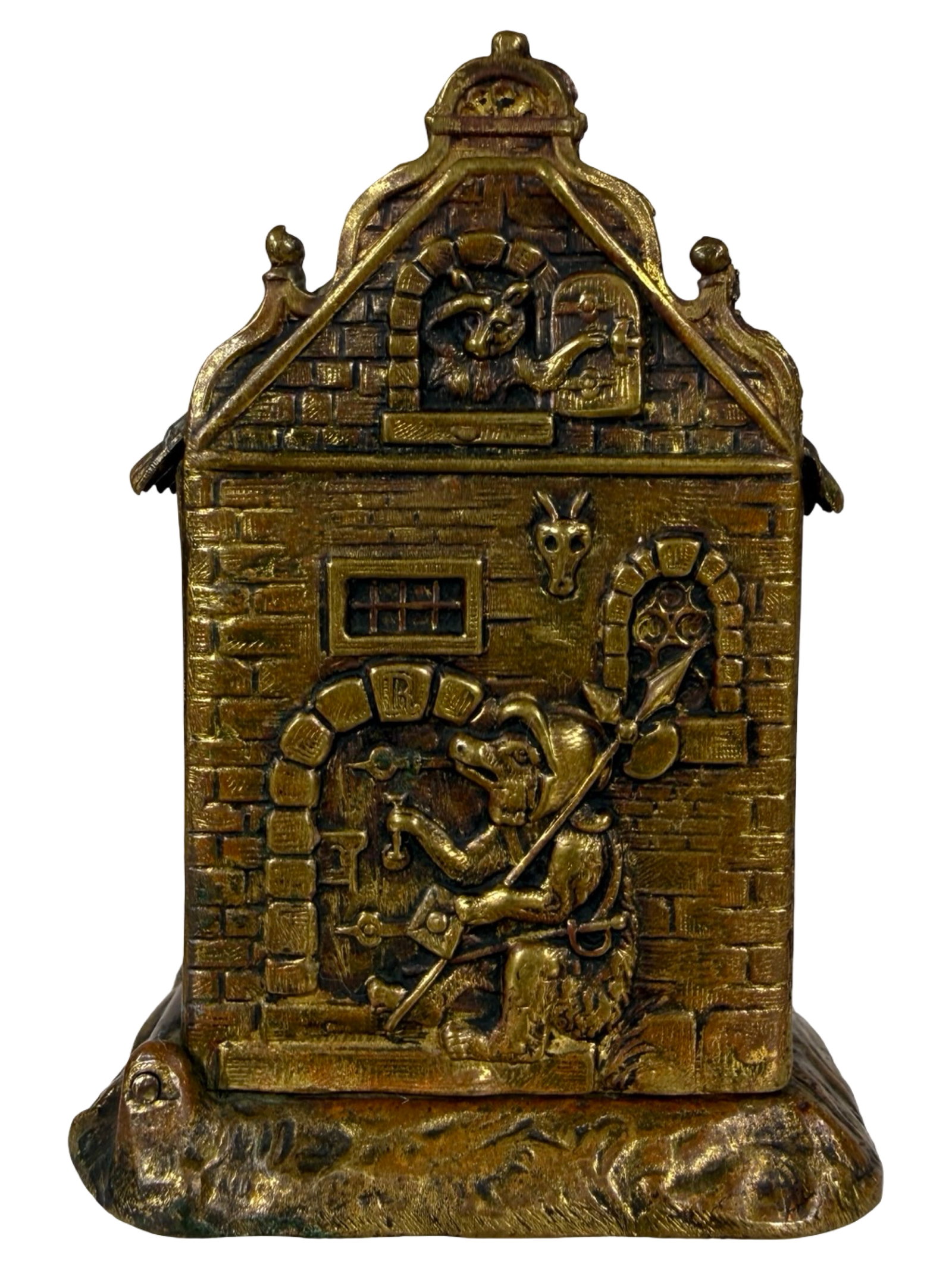 Small Scale European Townhouse - An Unusual Brassed Tin Toy Bank: Germany - Circa 1900 - 2 7/8" Tall. The Tom Kellogg Collection.