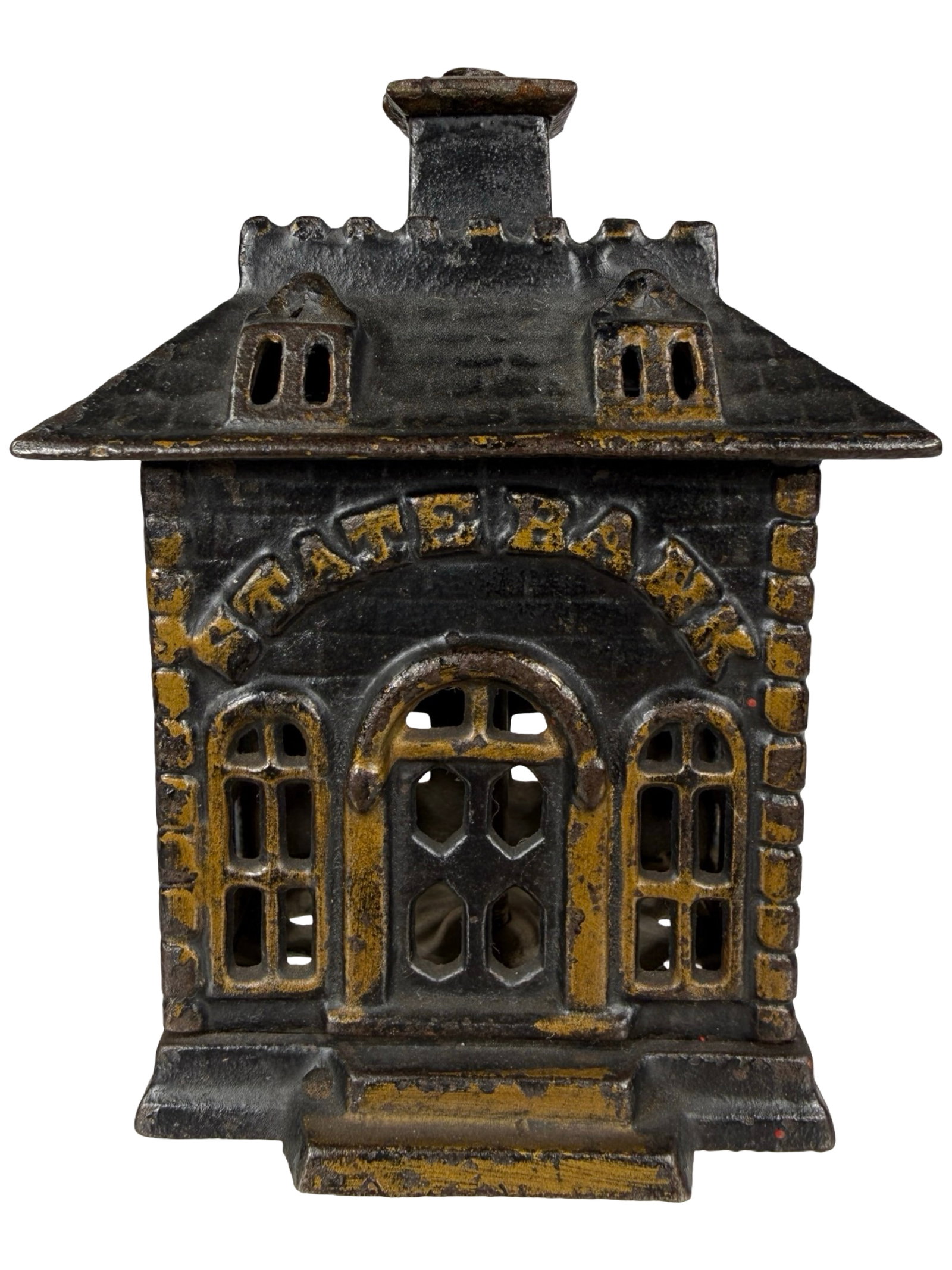 Medium Flat Top State Bank: Attributed to Kyser & Rex Company. Frankford, Pa. - Ca. 1890 - 4 1/4" Tall. The Tom Kellogg Collection. Illustrated P. 214 in the Peirce Book.