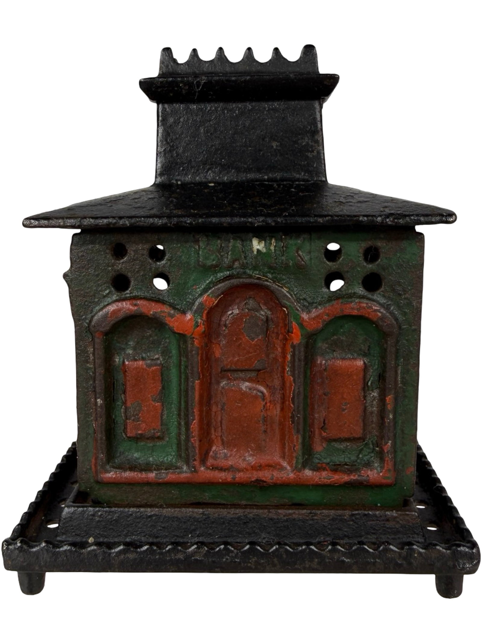 Small Crown Bank with Tower on Legs: By the J. & E. Stevens Company. Cromwell, Ct. - 1880's - 3 3/8" Tall. The Tom Kellogg Collection.