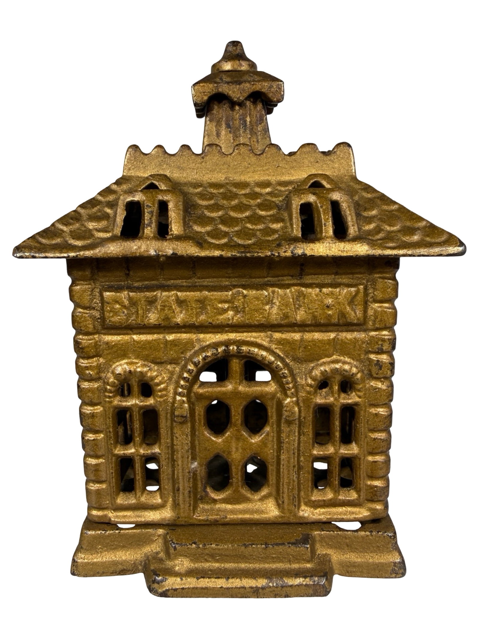 State Bank - Unusual Gold Painted Finish: Attributed to Grey Iron Company. Mount Joy, Pa. - 1900 - 4 1/8" Tall. The Tom Kellogg Collection.
