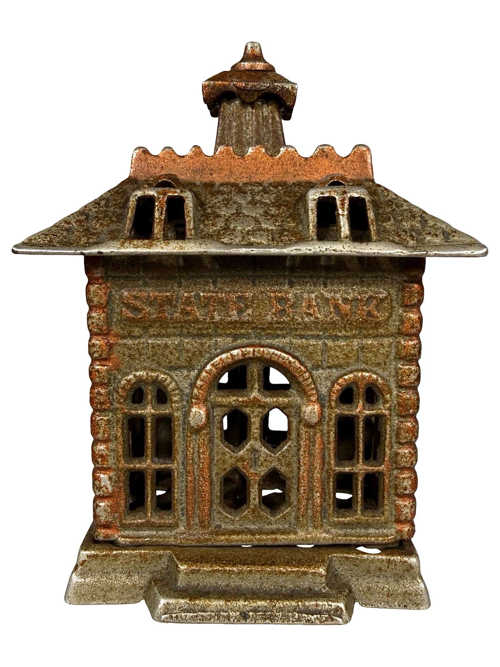Nickel Plated State Bank with Great Copper Details: Attributed to Grey Iron Company. Made Circa 1900 - 4 3/8" Tall. The Tom Kellogg Collection. Illustrated P. 215 in the Peirce Book.