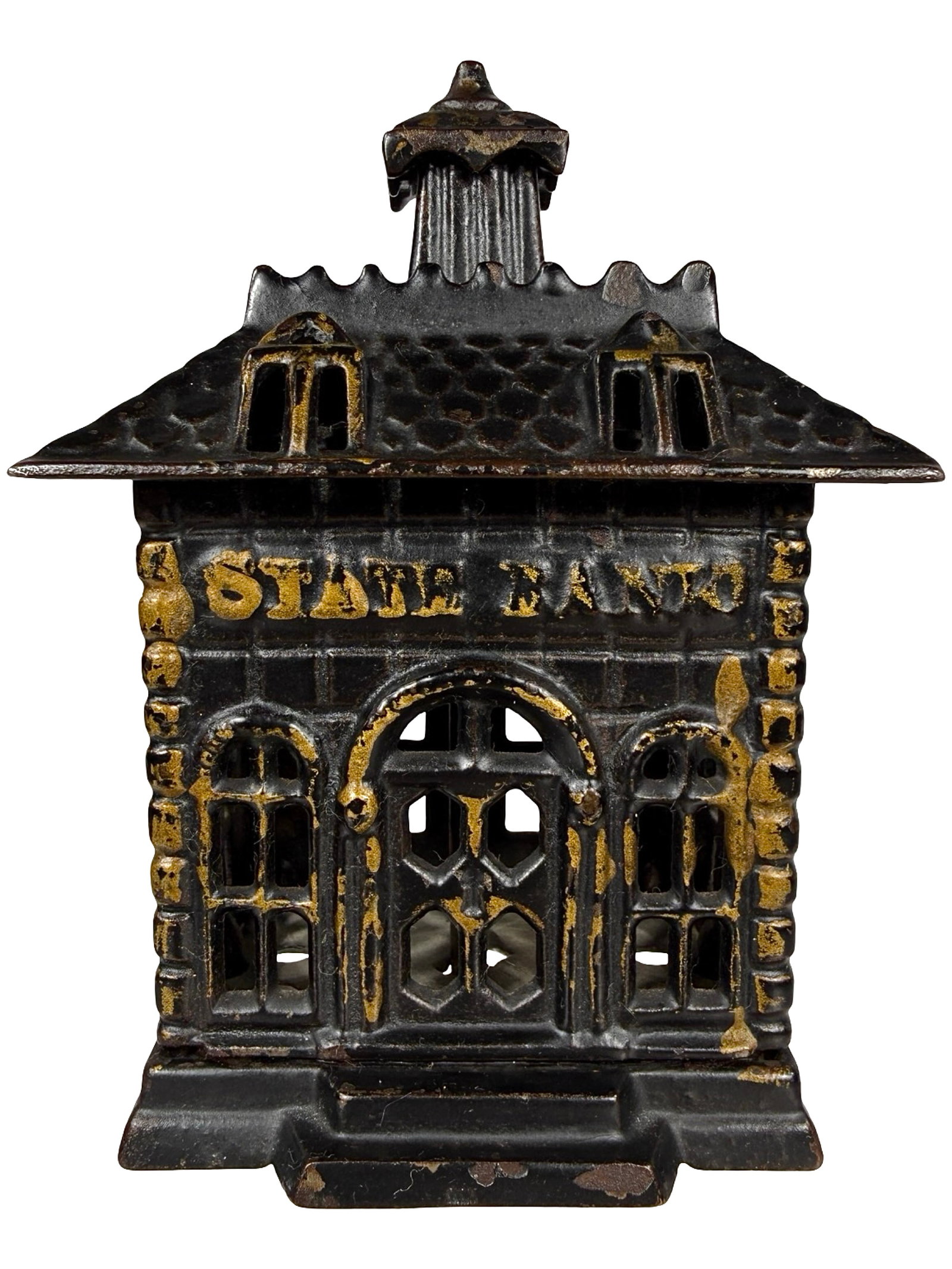 State Bank - Black with Gold Trim: Attributed to Grey Iron Company. Mount Joy, Pa. -1900 - 4 3/8" Tall. The Tom Kellogg Collection. Illustrated P. 216 in the Peirce Book.